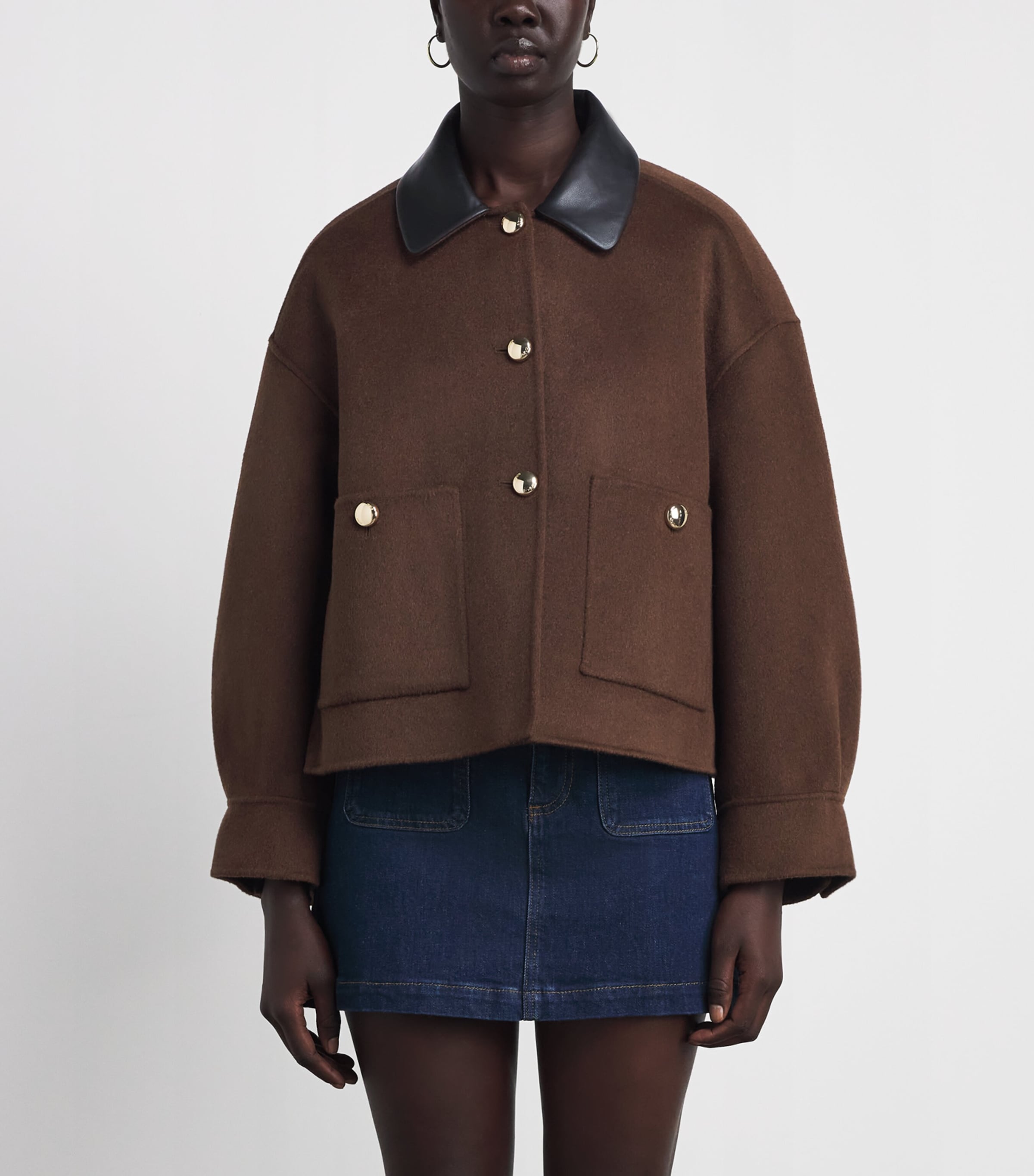 Maje Womens Wool-Blend Leather-Collar Jacket Brown Image 4