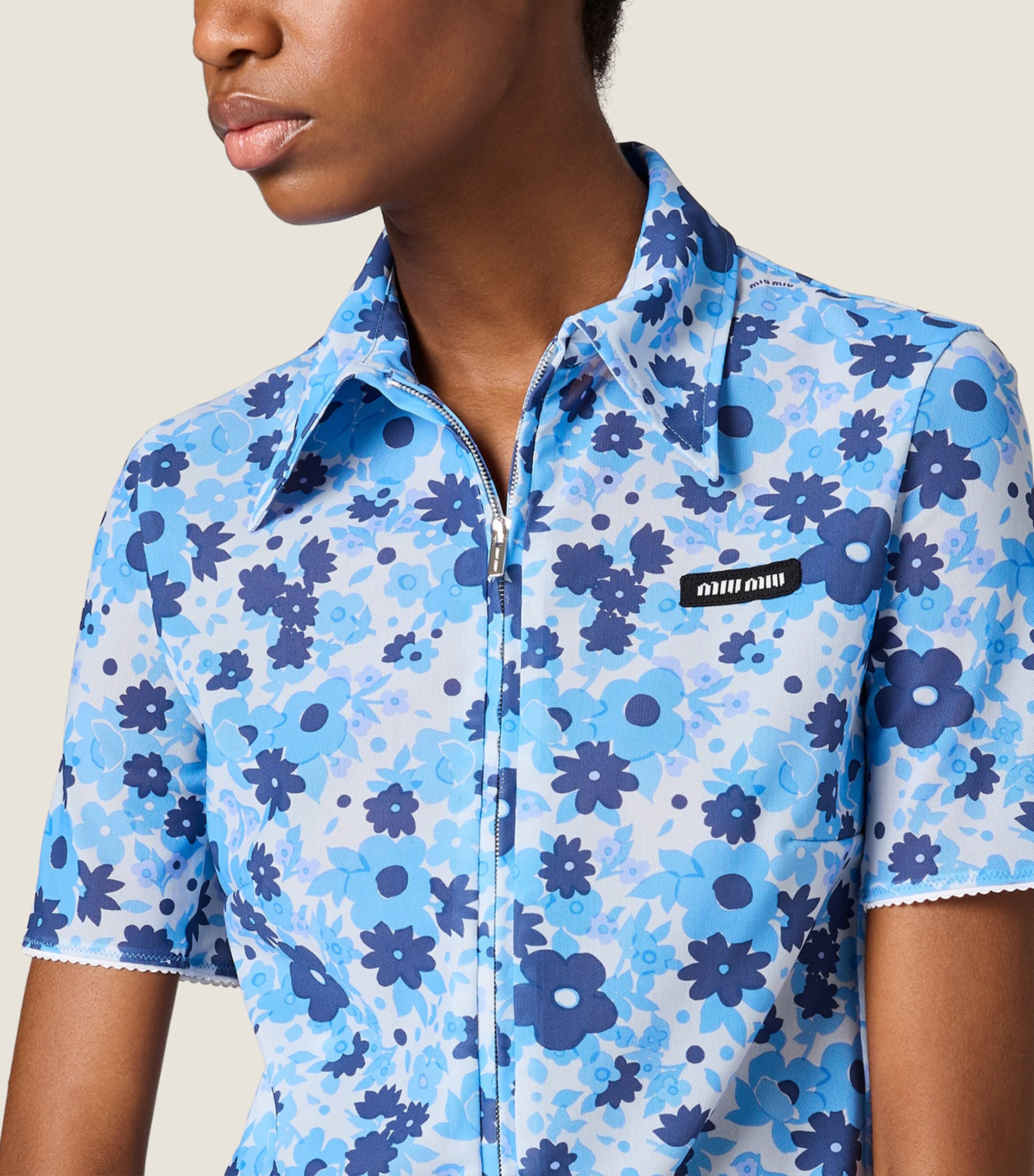Miu Miu Womens Zip-Up Floral Print Shirt Light Blue Image 5