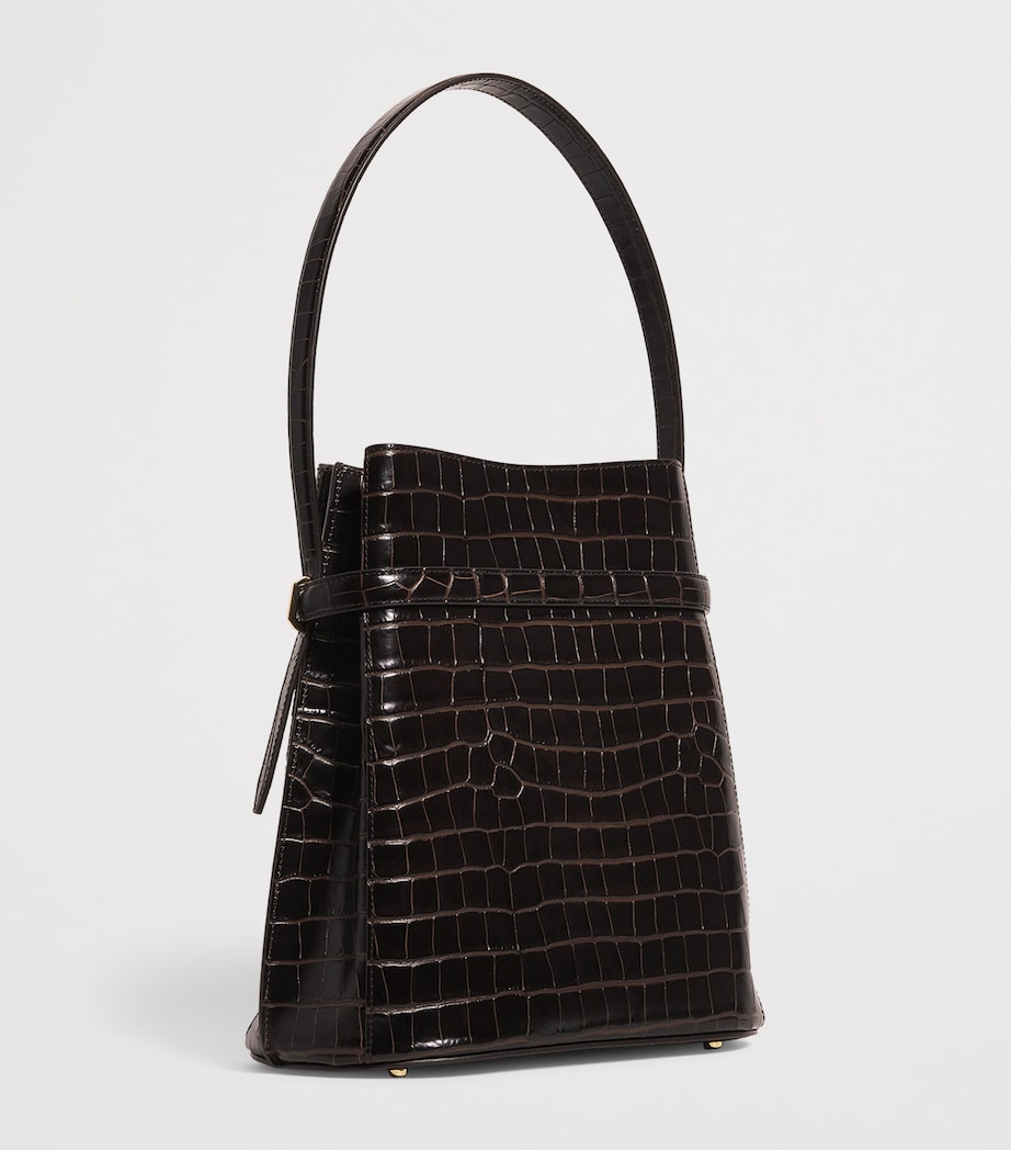 Leather Croc-Embossed Bucket Shoulder Bag 034 DARK BROWN Image 3