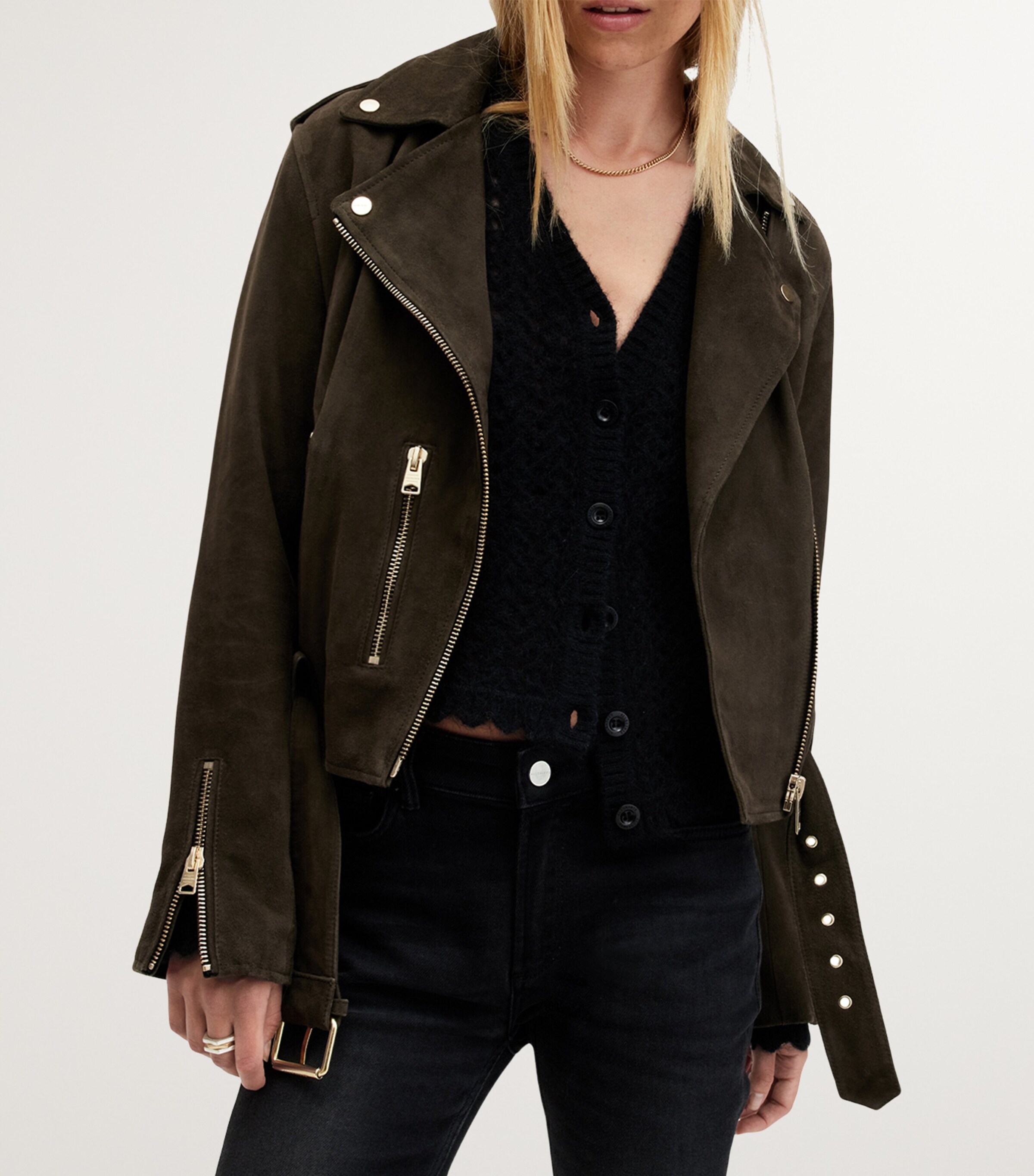 AllSaints Womens Suede Balfern Biker Jacket Tarmac Green Image 4