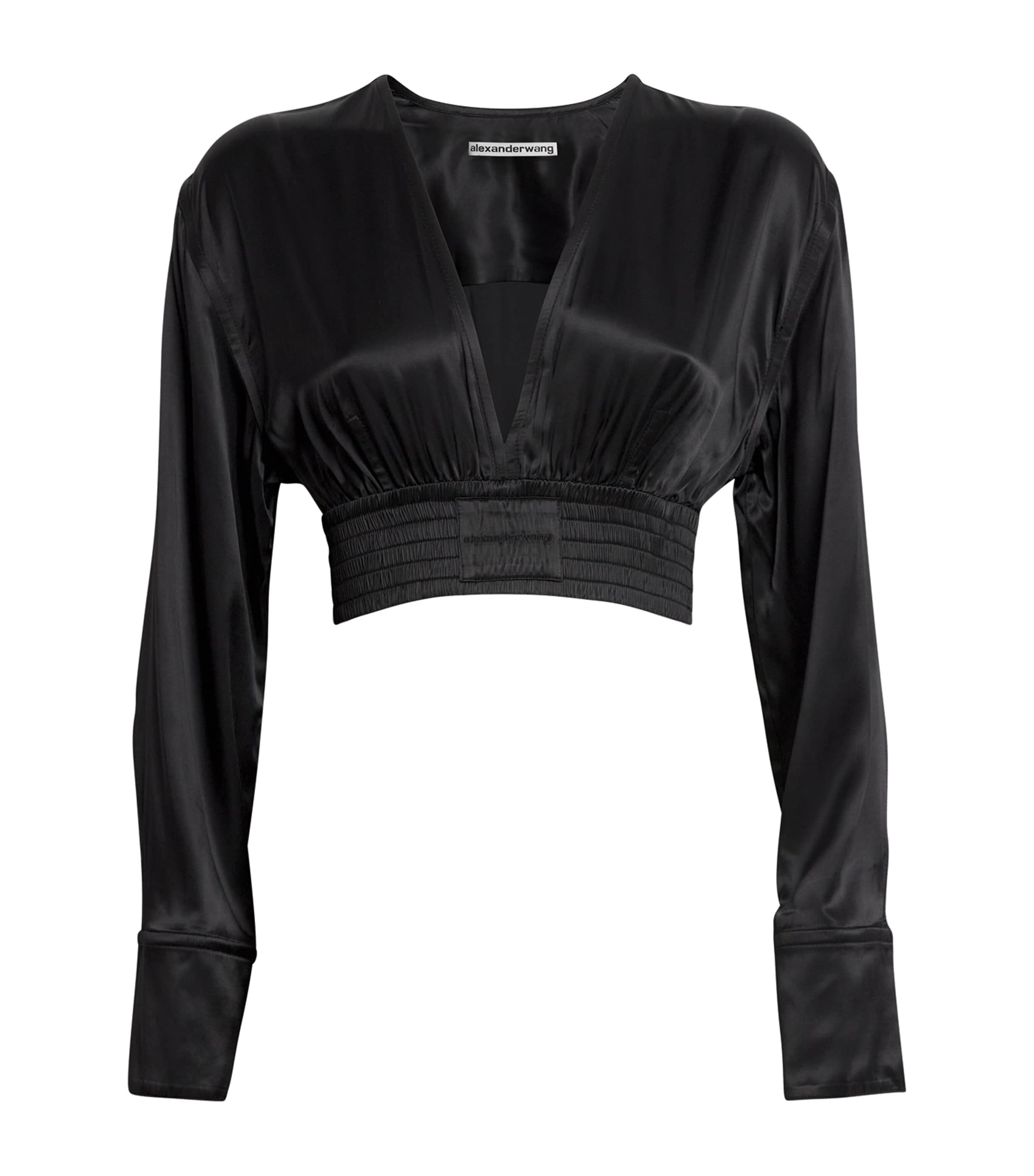 Shop Alexander Wang Satin Cropped V-neck Blouse In Black