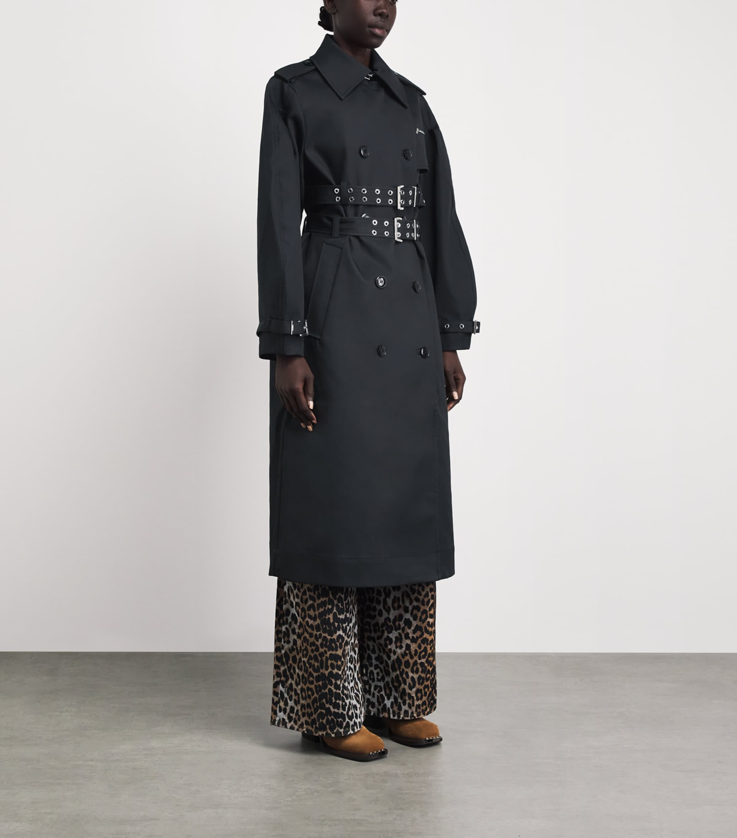 GANNI Womens Organic Cotton Belted Trench Coat Black Image 4