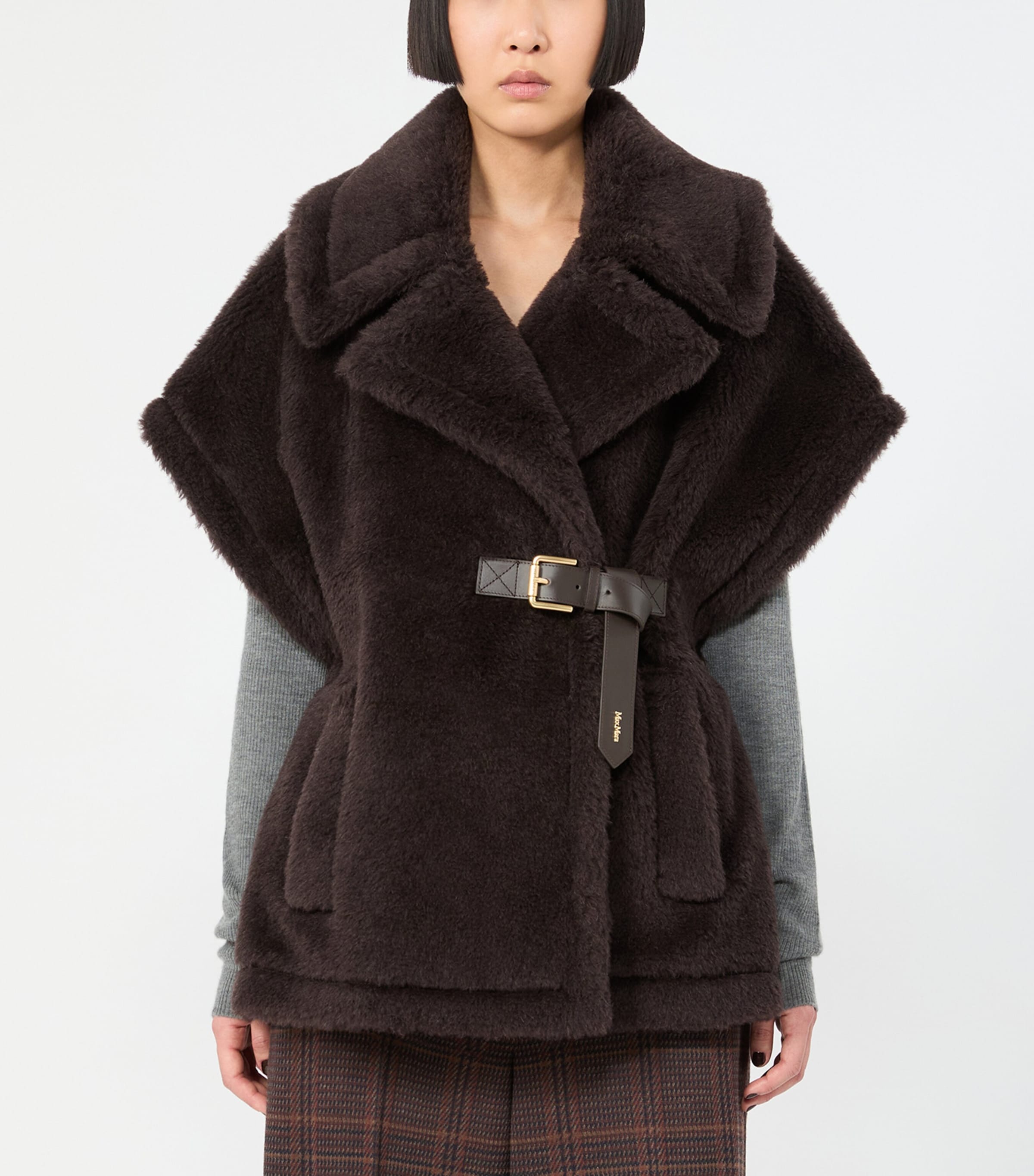 Max Mara Womens Faux Fur Belted Cape Brown Image 3