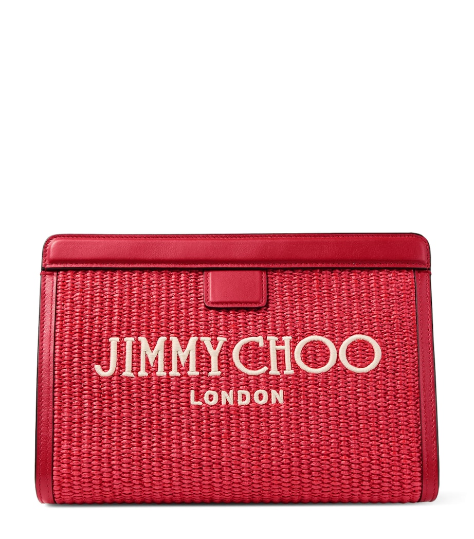 Jimmy Choo Raffia Leather-Trim Avenue Pouch Ruby Red/light Gold Image 1