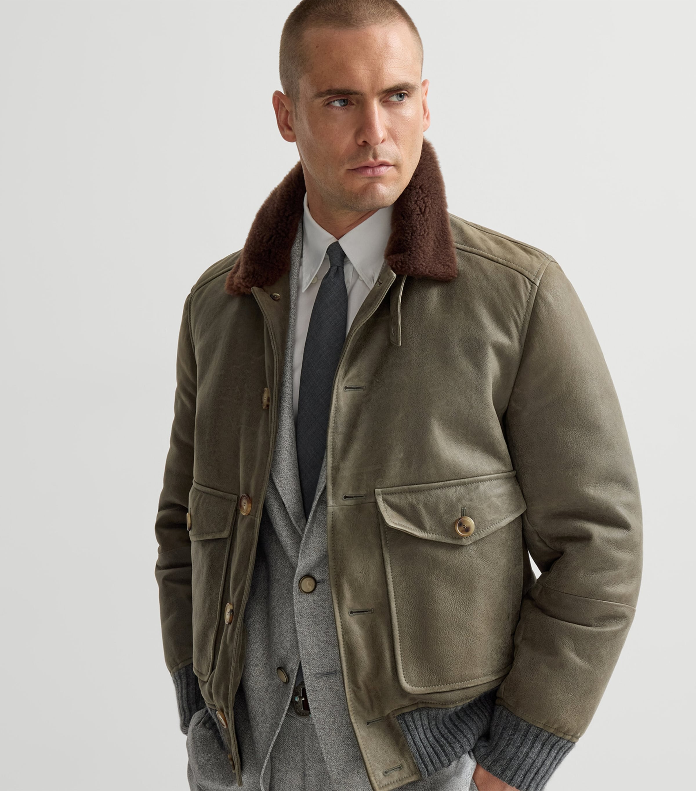 Brunello Cucinelli Mens Leather Shearling-Trim Jacket Image 4