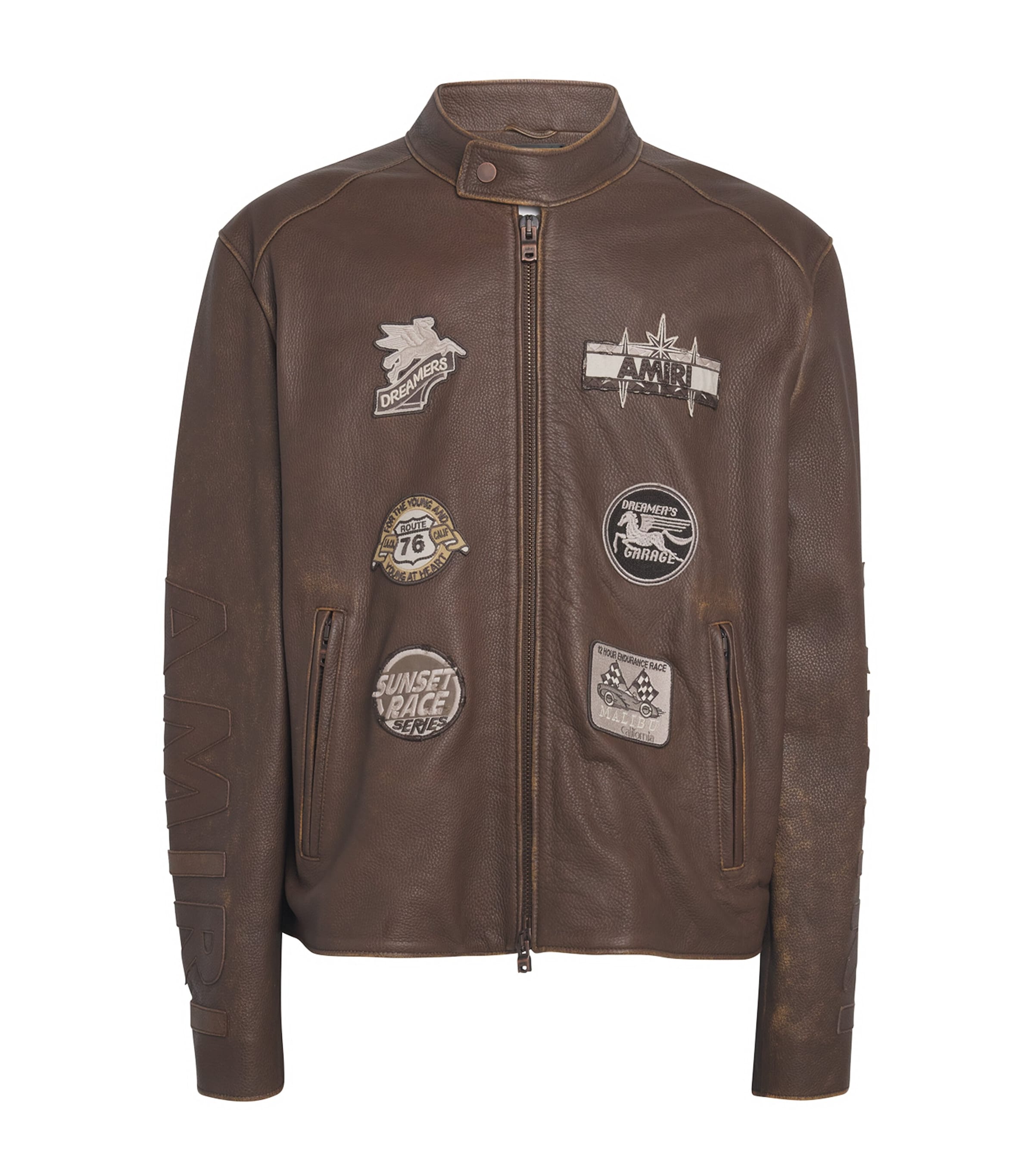 Amiri Leather Patch Racer Jacket In Brown
