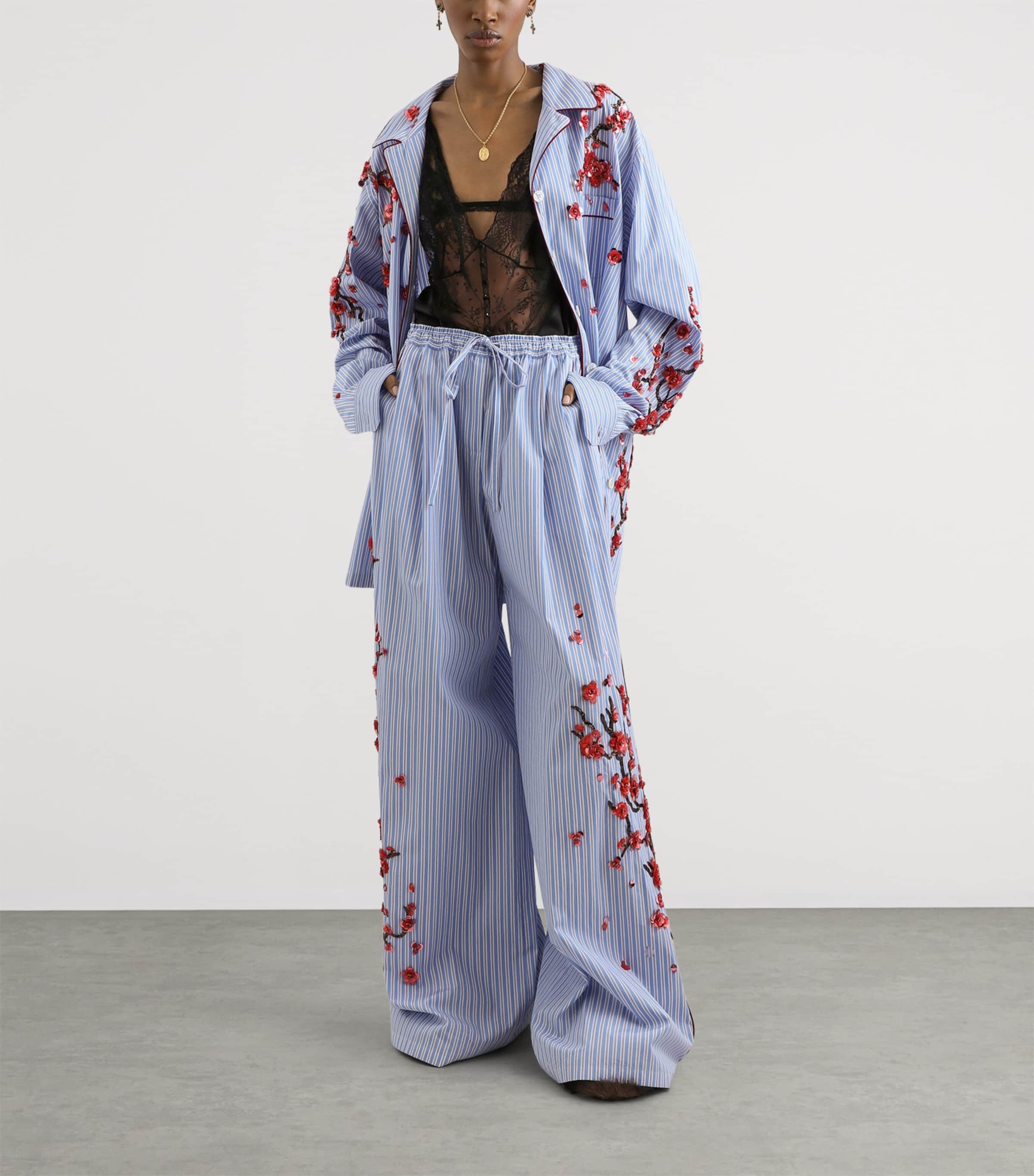 Dolce&Gabbana Womens Cotton-Silk Stripe Embellished Trousers Embr Image 2