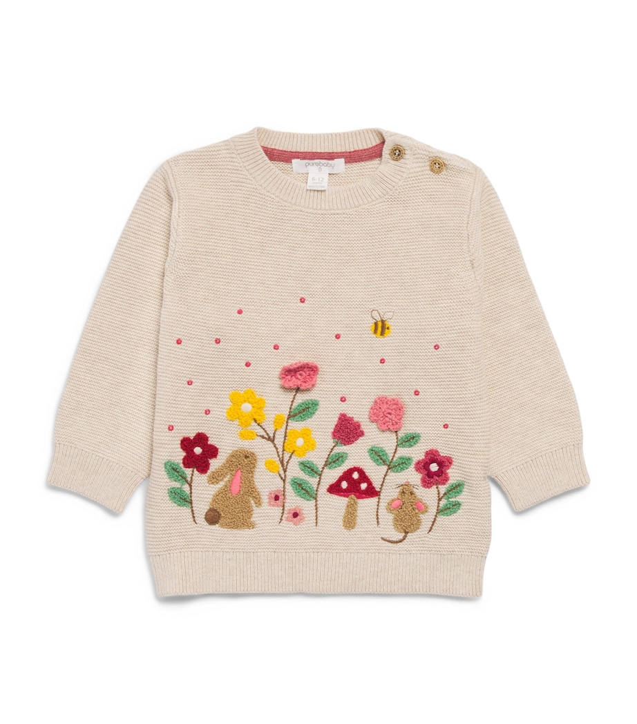 Purebaby Cotton-Wool Embroidered Woodland Sweater (0-12 Months) Whtme Wheat Melange Image 1