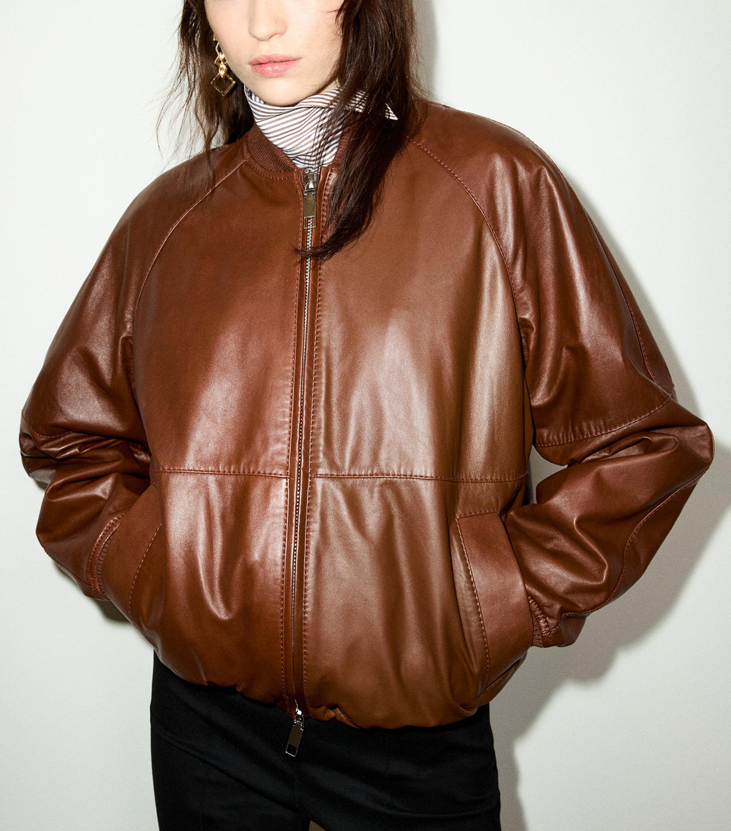 MAX&Co. Womens Leather Bomber Jacket Cognac Image 2