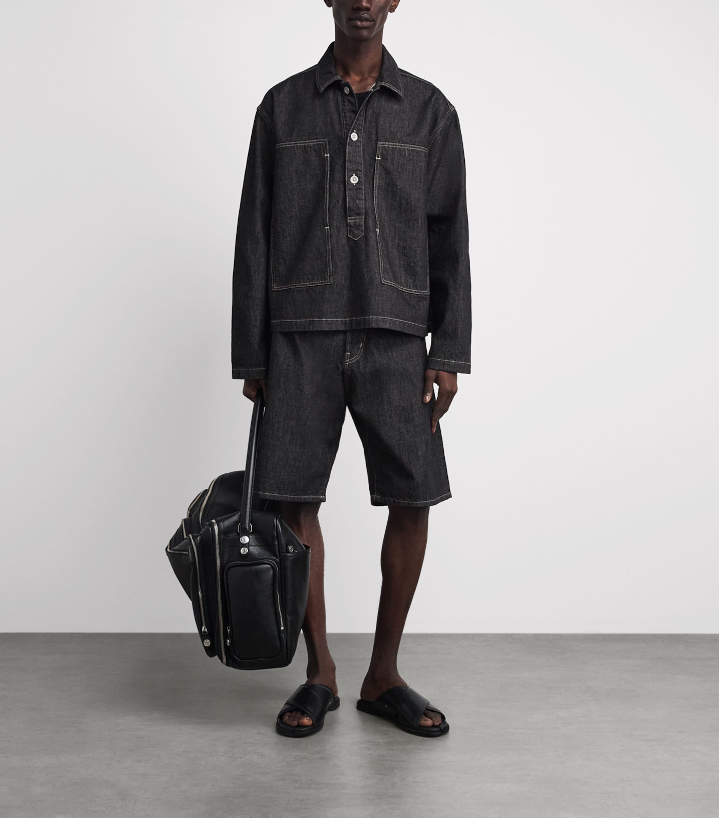 Studio Nicholson Mens Denim Pullover Shirt Black / White Weft Image 2
