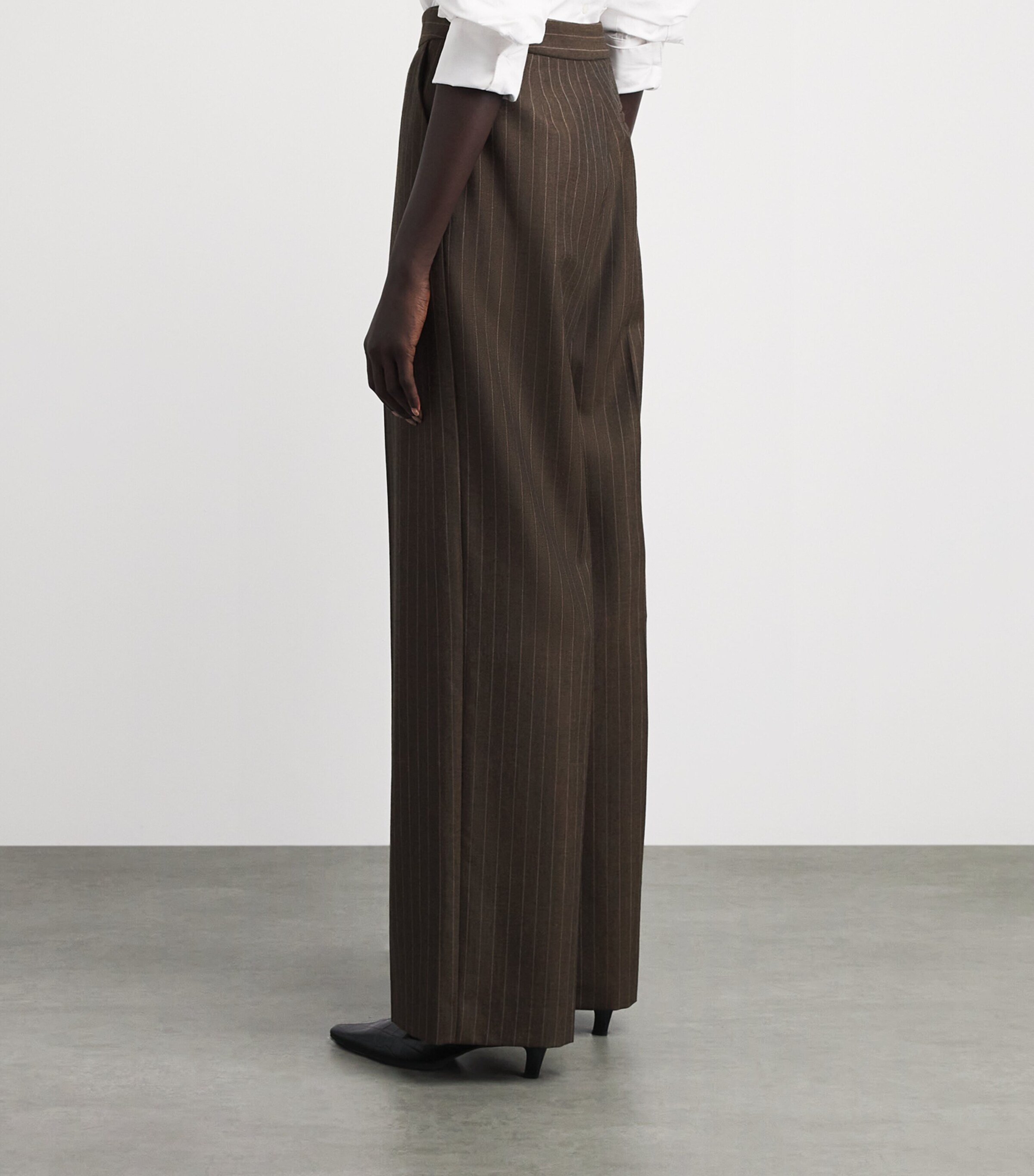 Laura Pitharas Womens Wool Wide-Leg Trousers Chocolate Pinstripe Image 5