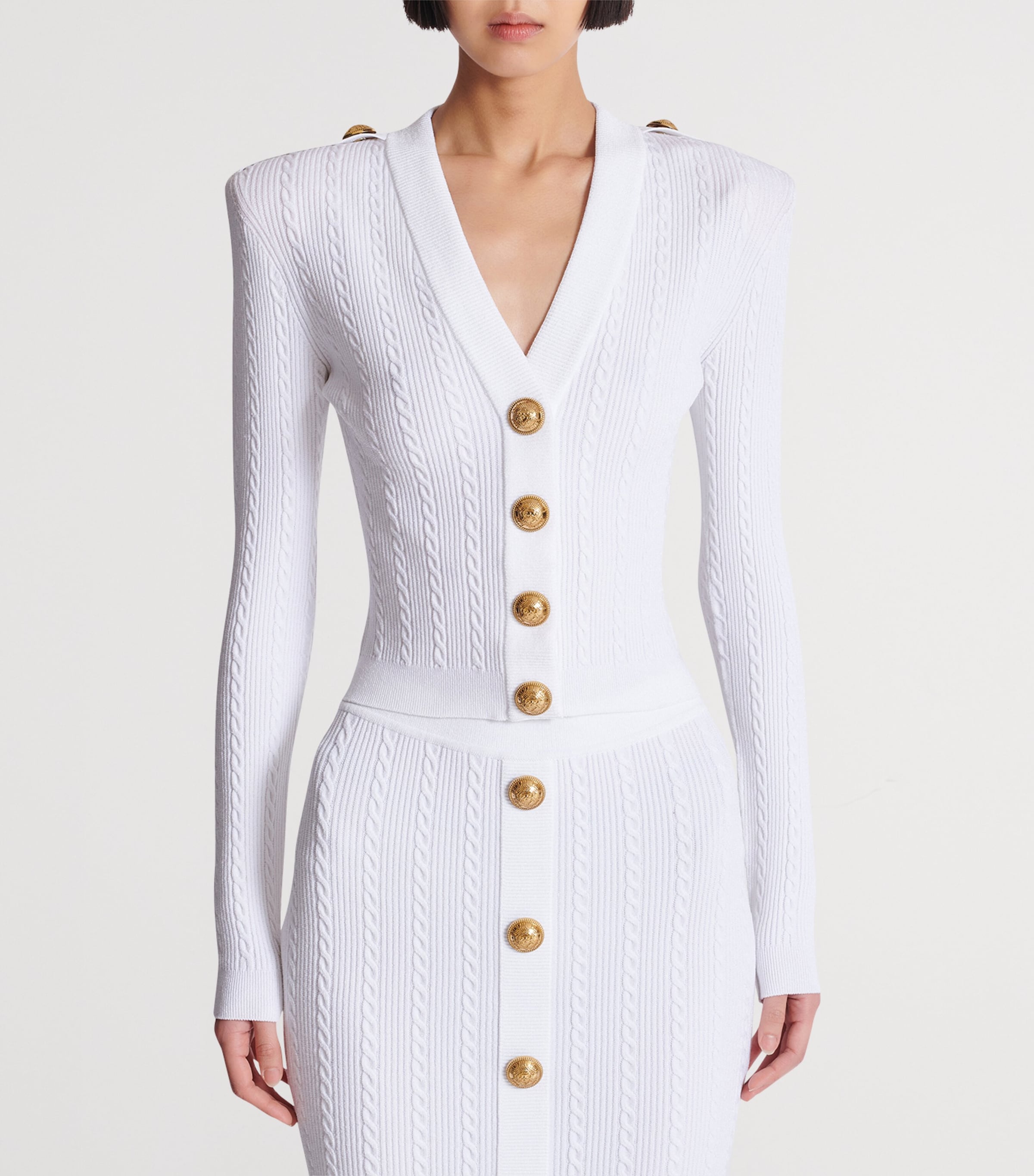 Button-Trim Cable-Knit Cardigan 0FA BLANC Image 5