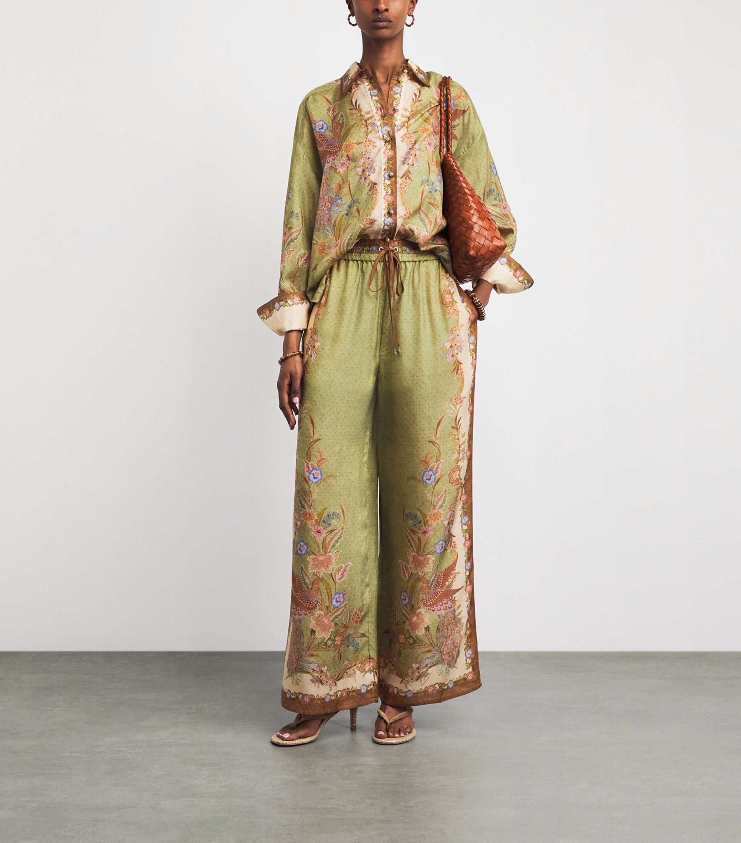 Zimmermann Womens Silk Indra Wide-Leg Trousers Khaki Scarf Floral Image 2