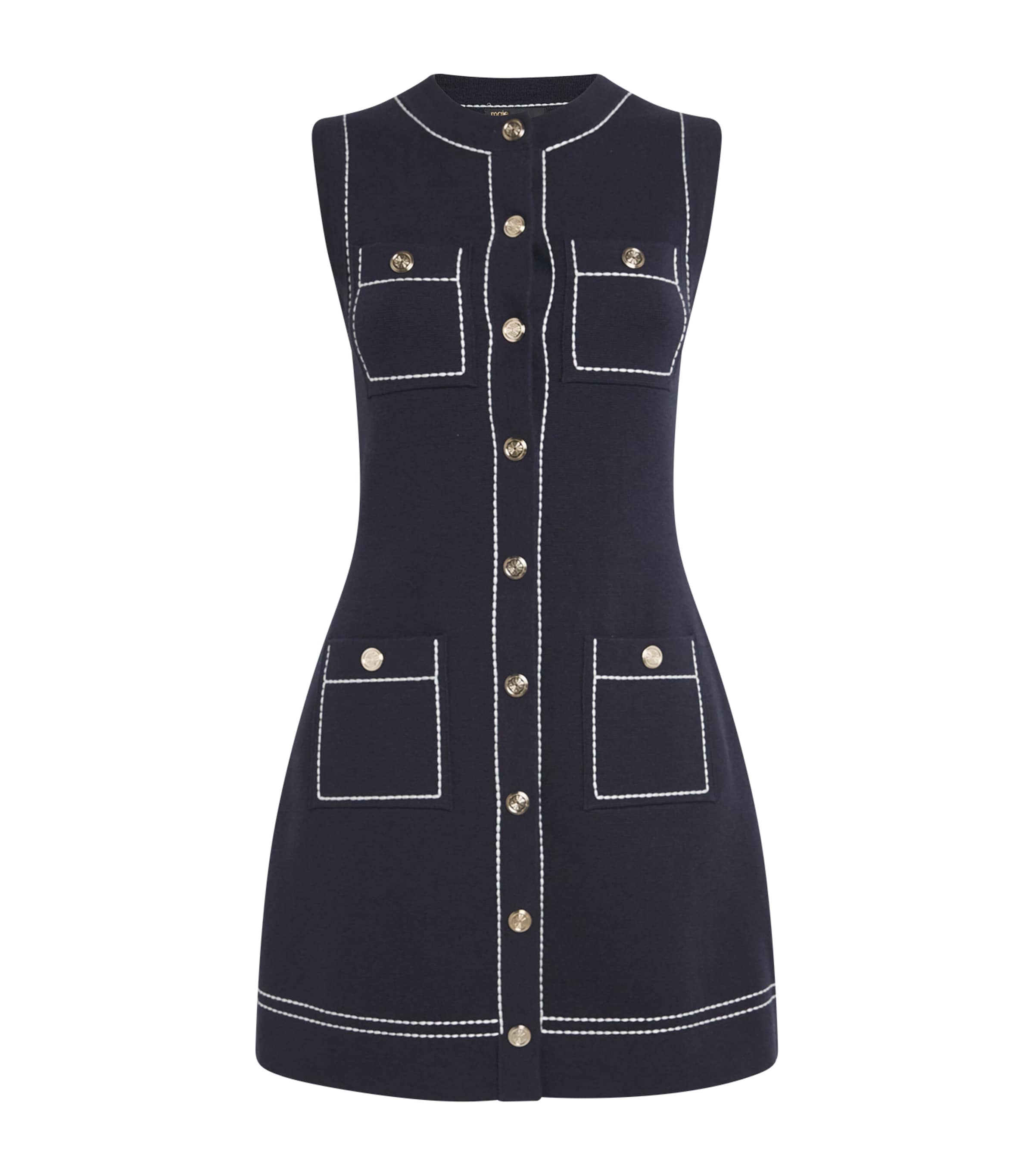 Maje Womens Navy Topstitched Patch-pocket Cotton-blend Mini Dress In Blue