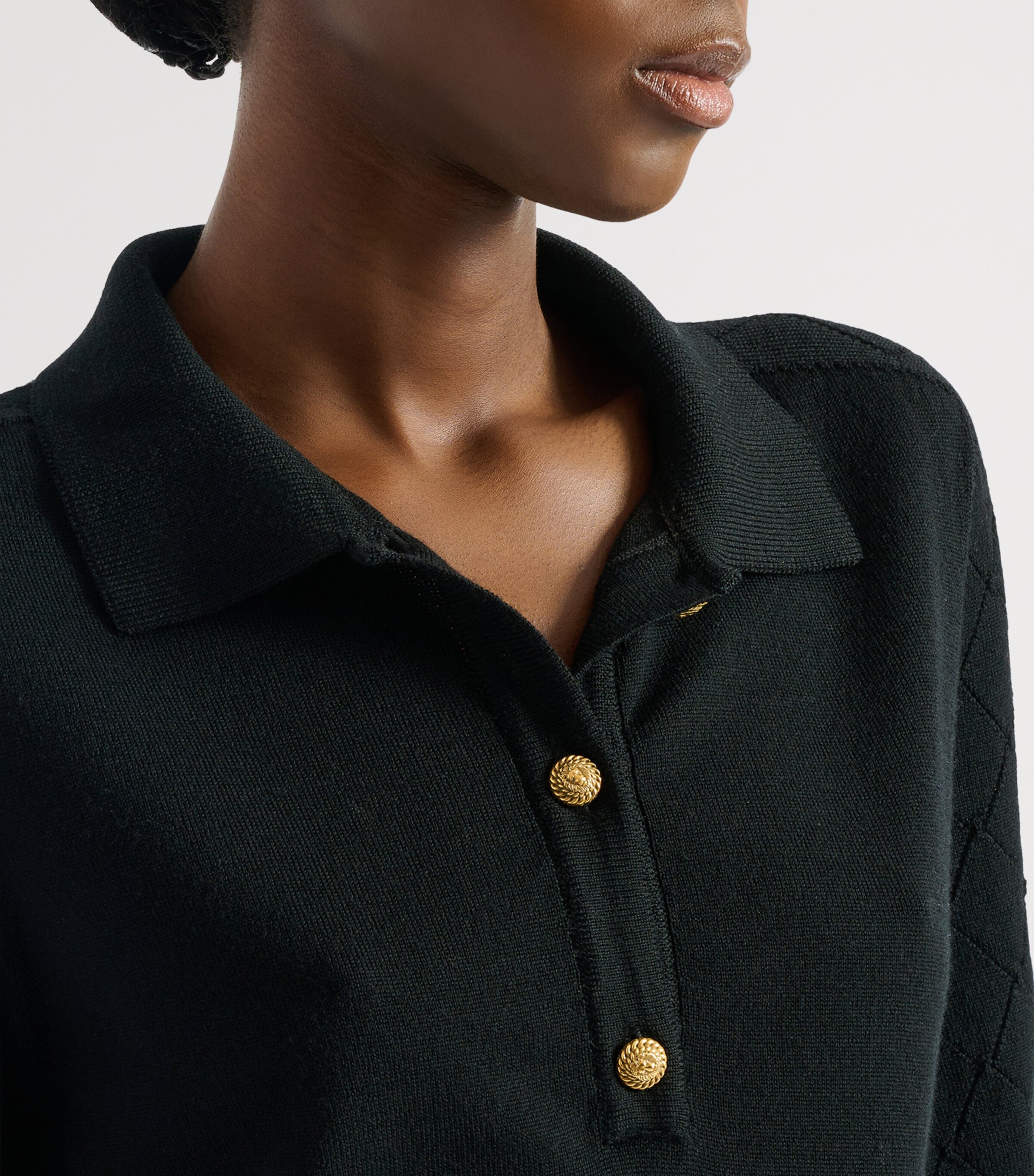 Balmain Womens Merino Wool Openwork Crop Polo Shirt Noir Image 6