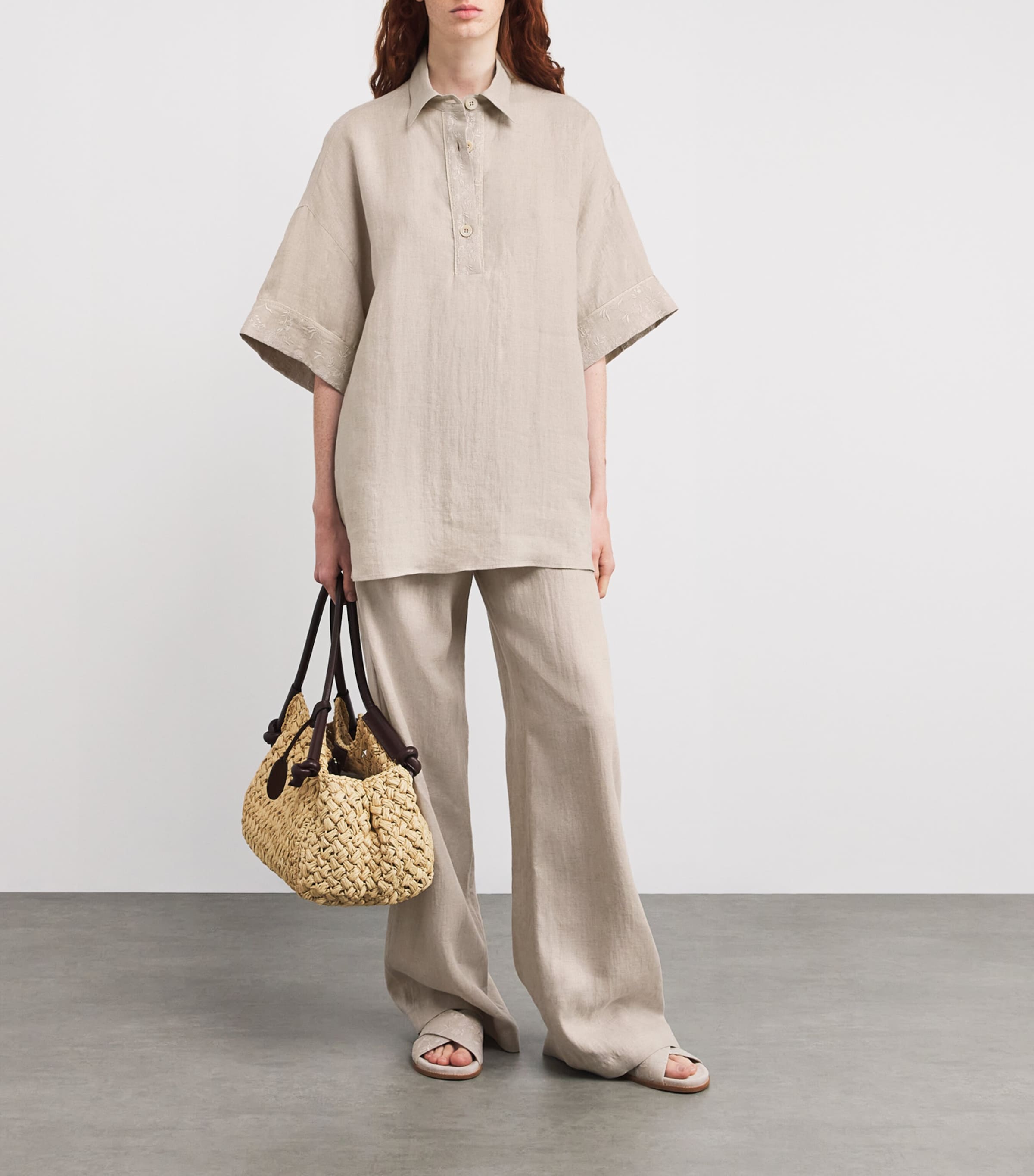 Eleventy Womens x Harrods Linen Embroidered Collared Shirt Sabbia Image 2