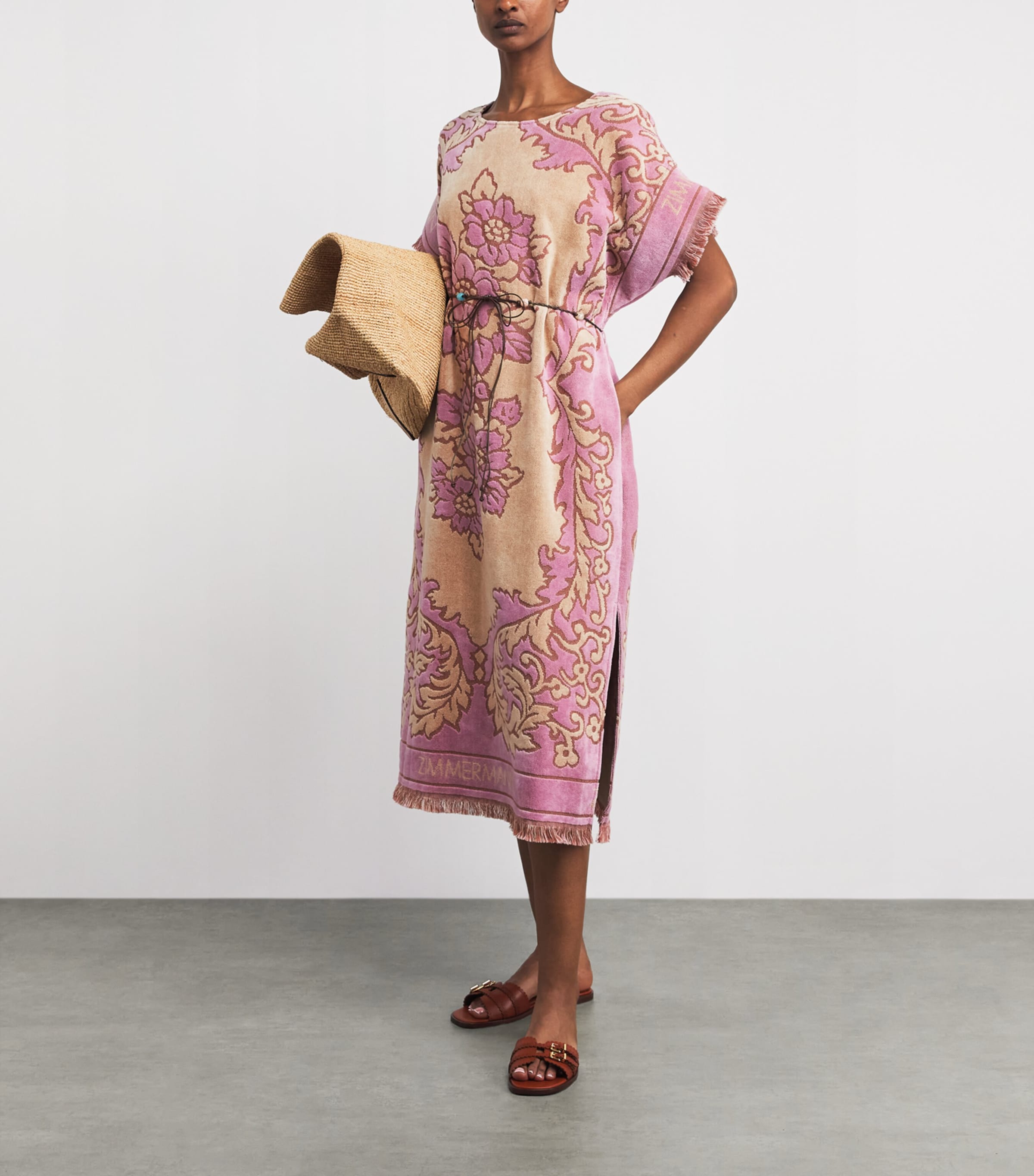 Zimmermann Womens Towelling Floral Aster Midi Dress Cream Pink Image 2