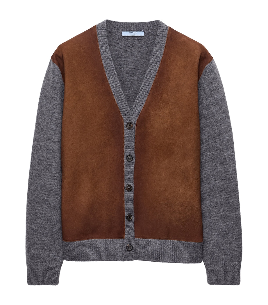 Prada Womens Wool Suede-Trim V-Neck Cardigan Grey Image 1