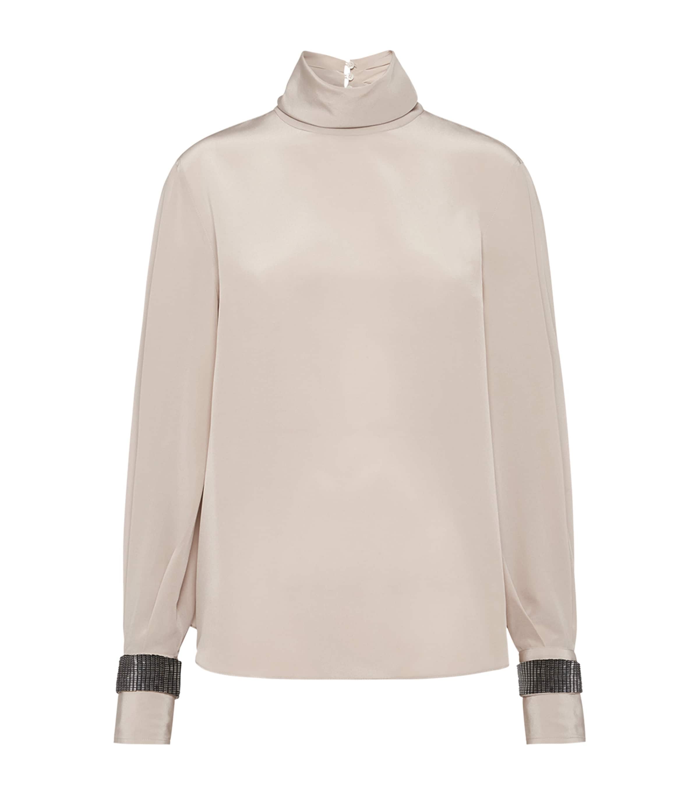 Brunello Cucinelli Embellished Cuffs High Neck Blouse In Sand