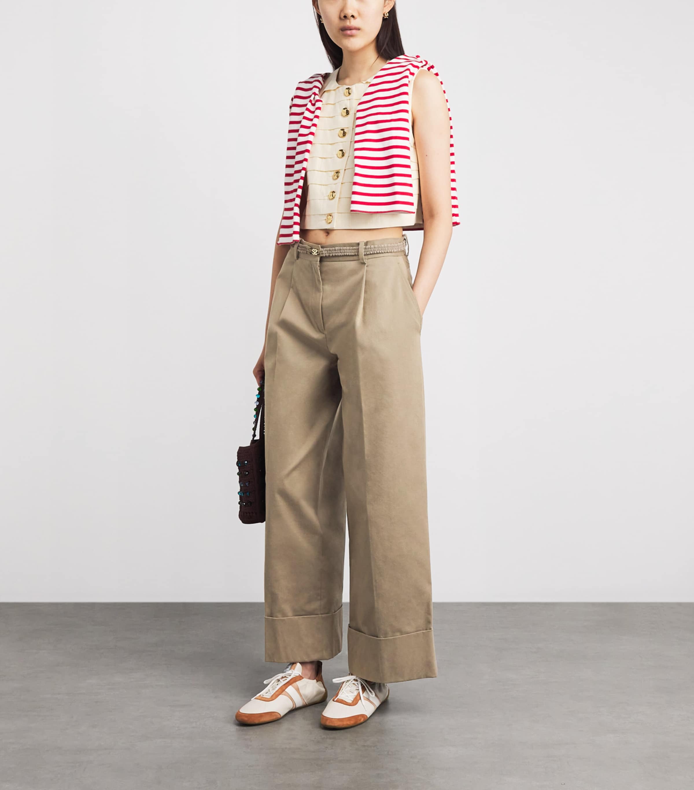 Sandro Paris Womens Cotton-Blend Wide Pleated Trousers Beige Image 2