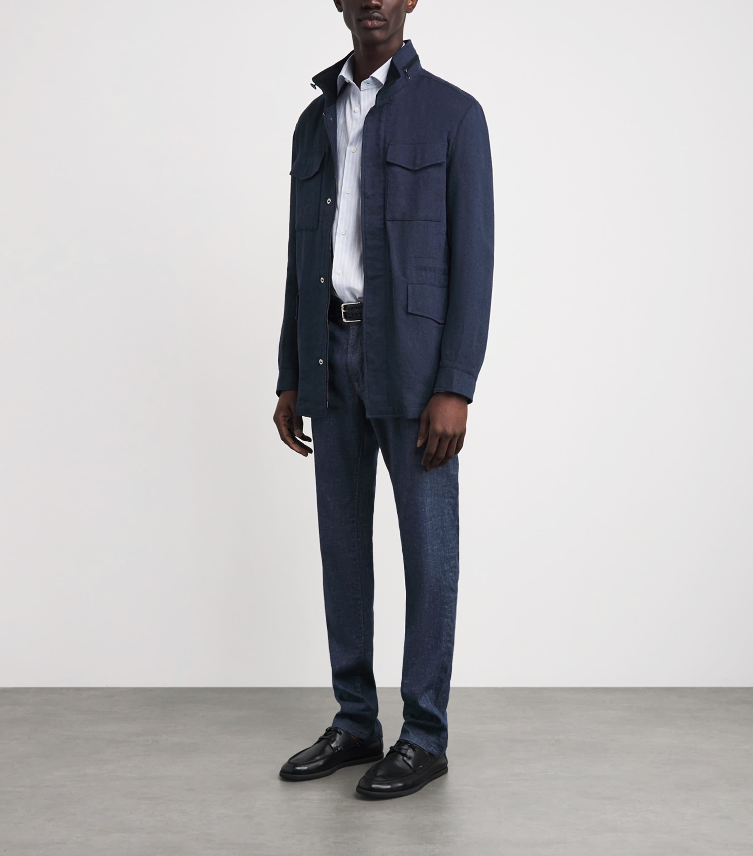 N.Peal Mens Linen-Cotton Hampton Jacket Blue Herringbone Image 2