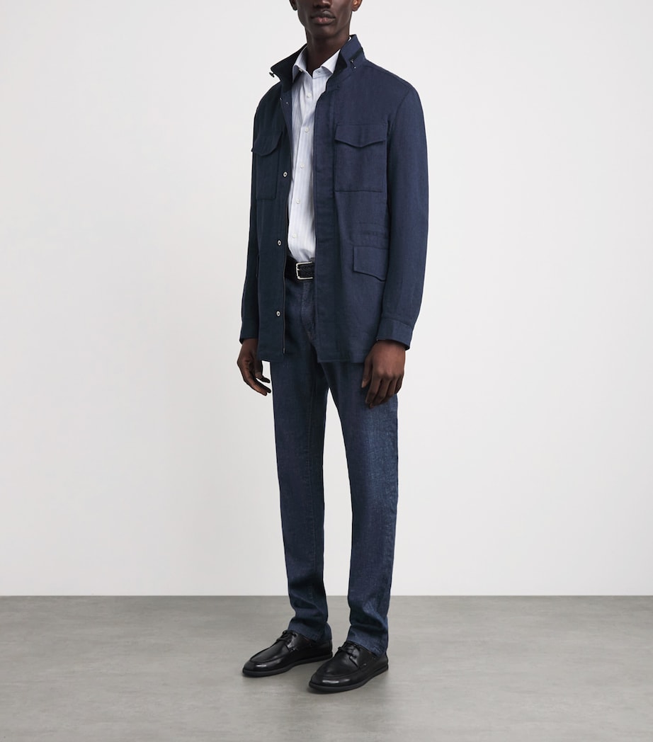 N.Peal Mens Linen-Cotton Hampton Jacket Blue Herringbone Image 2