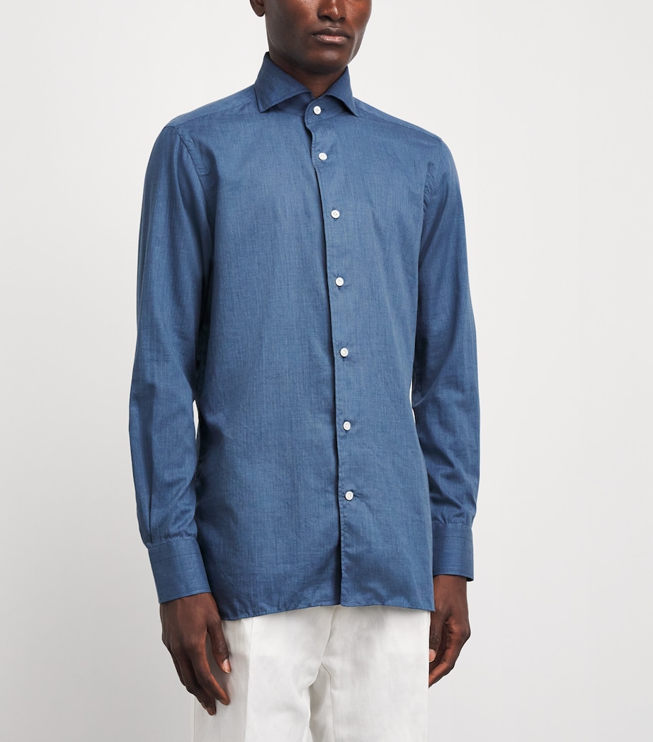 100HANDS Mens Cotton Herringbone Shirt Blue Image 4