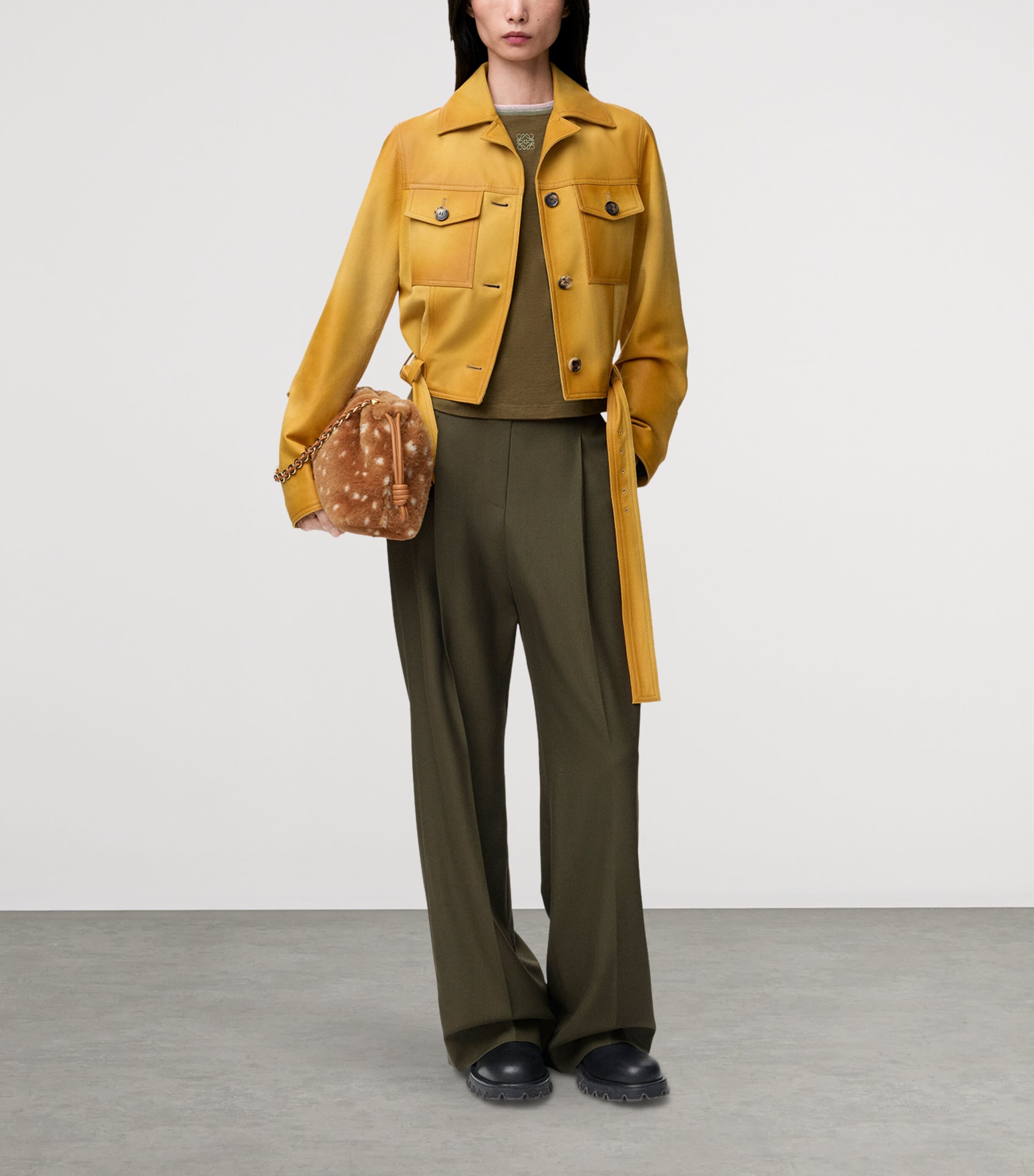 Wool Leather-Band Wide-Leg Trousers KHAKI GREEN Image 2