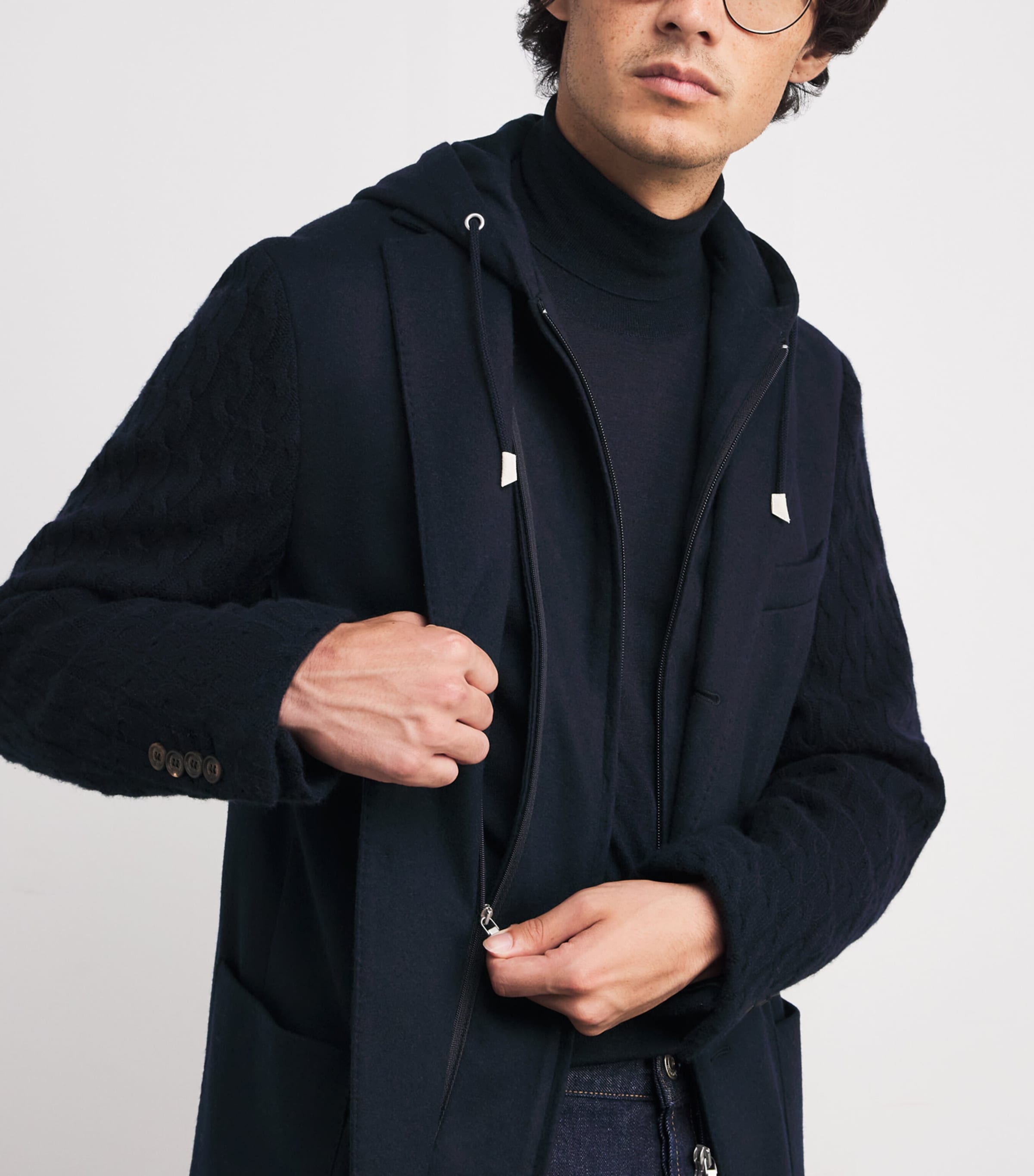 Knitted-Sleeve Layered Blazer BLU, BLU Image 6