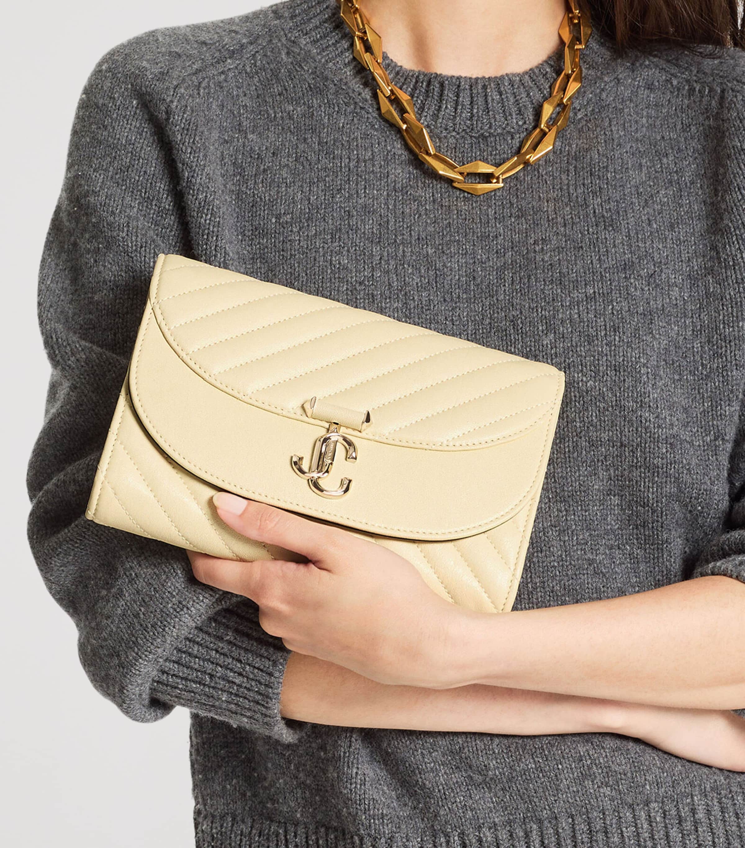 Jimmy Choo Leather Curve Clutch Bag Buttermilk/shiny Gol Image 2