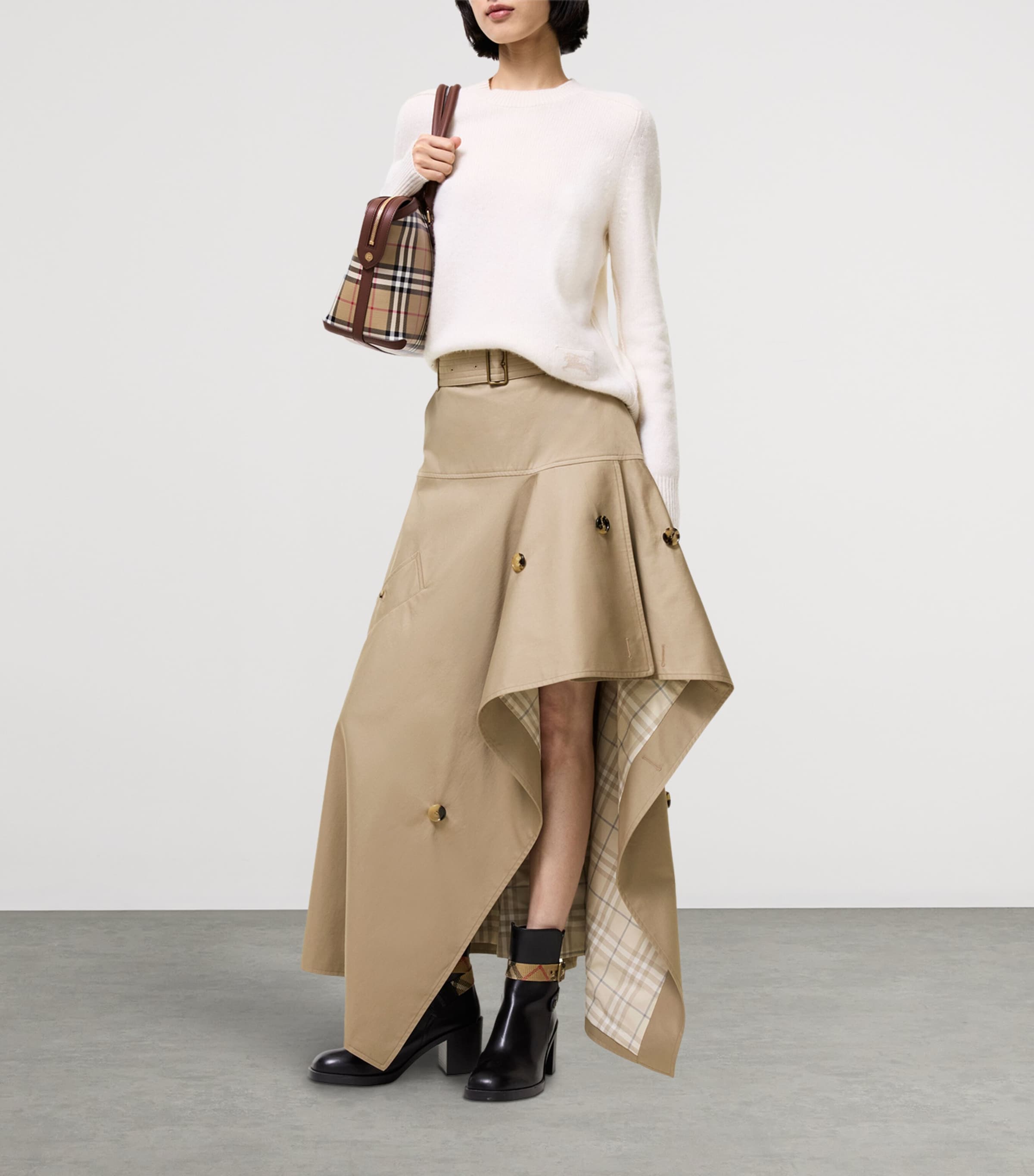 Burberry Womens Gabardine Asymmetric Midi Skirt Saltmarsh Beige Image 2