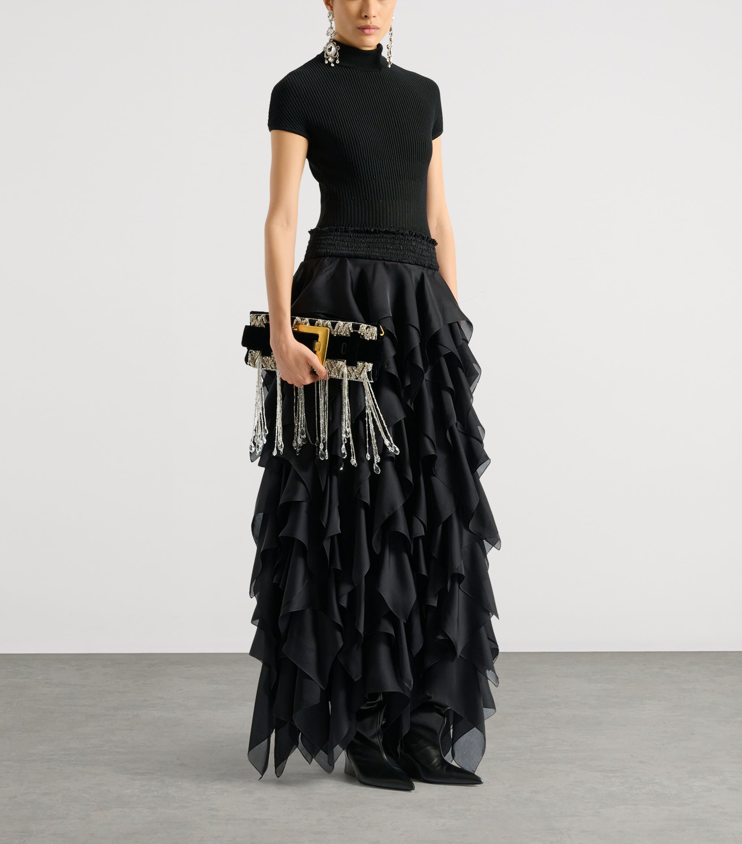 Balmain Womens Silk Ruffled Maxi Skirt Noir Image 3