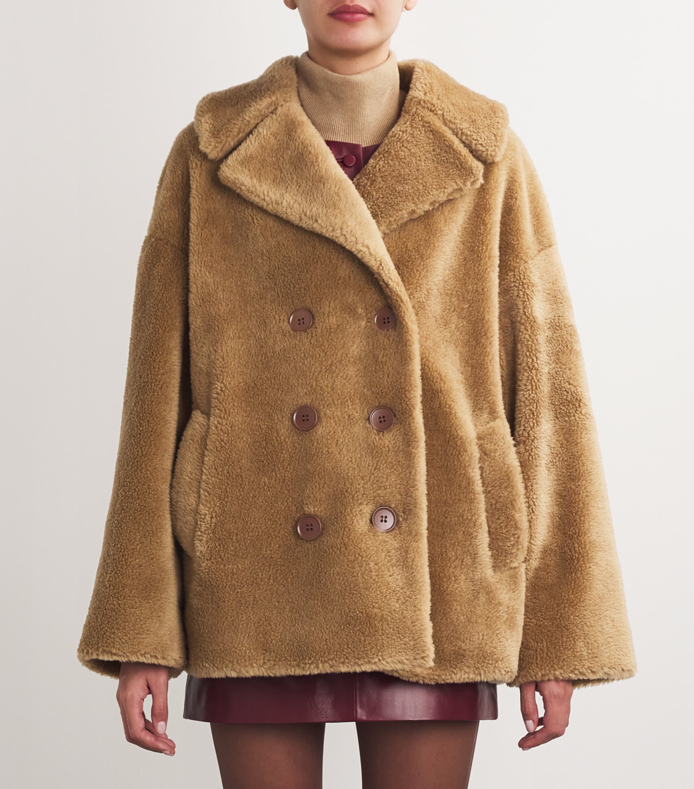 Wool Shearling Double-Breasted Coat TAN Image 3