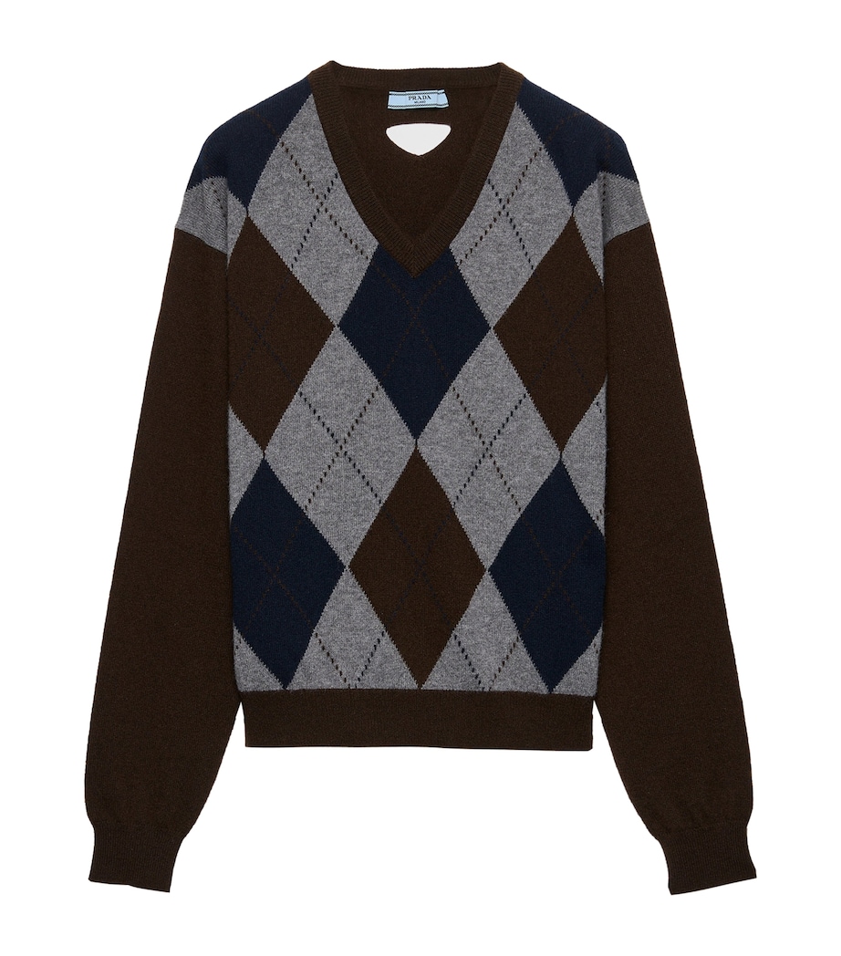 Prada Womens Cashmere V-Neck Argyle Sweater Image 1