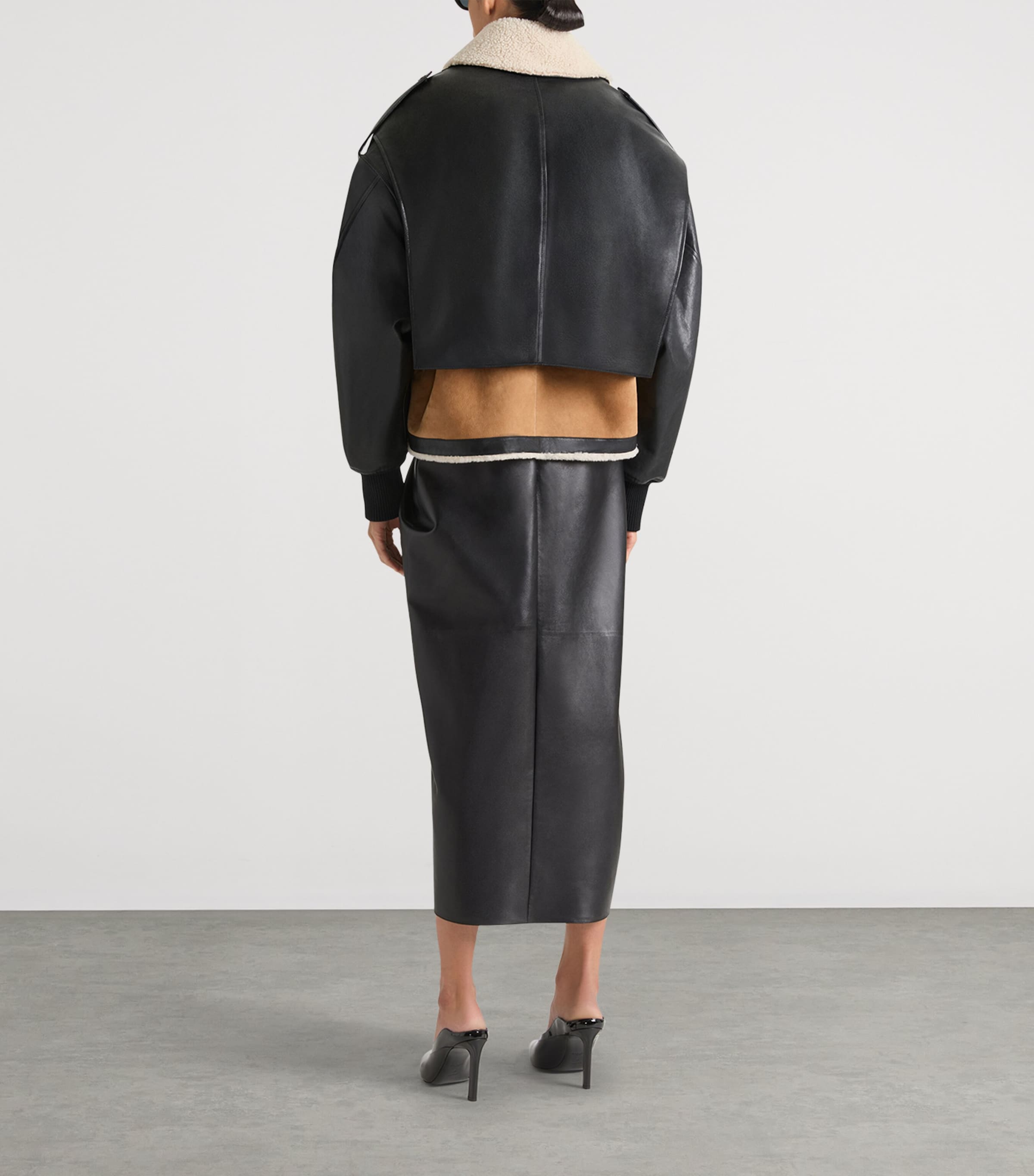 Leather-Shearling Cropped Aviator Jacket BLACK Image 3