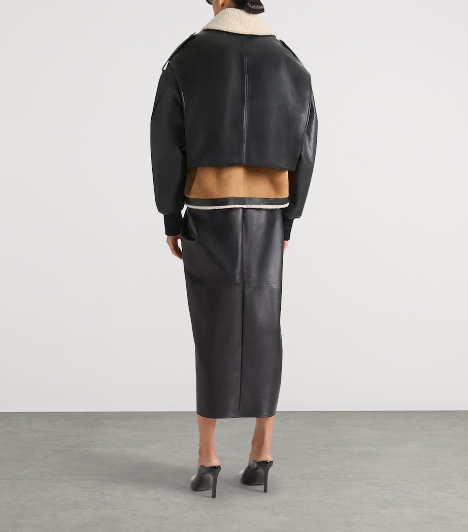 Leather-Shearling Cropped Aviator Jacket BLACK Image 3