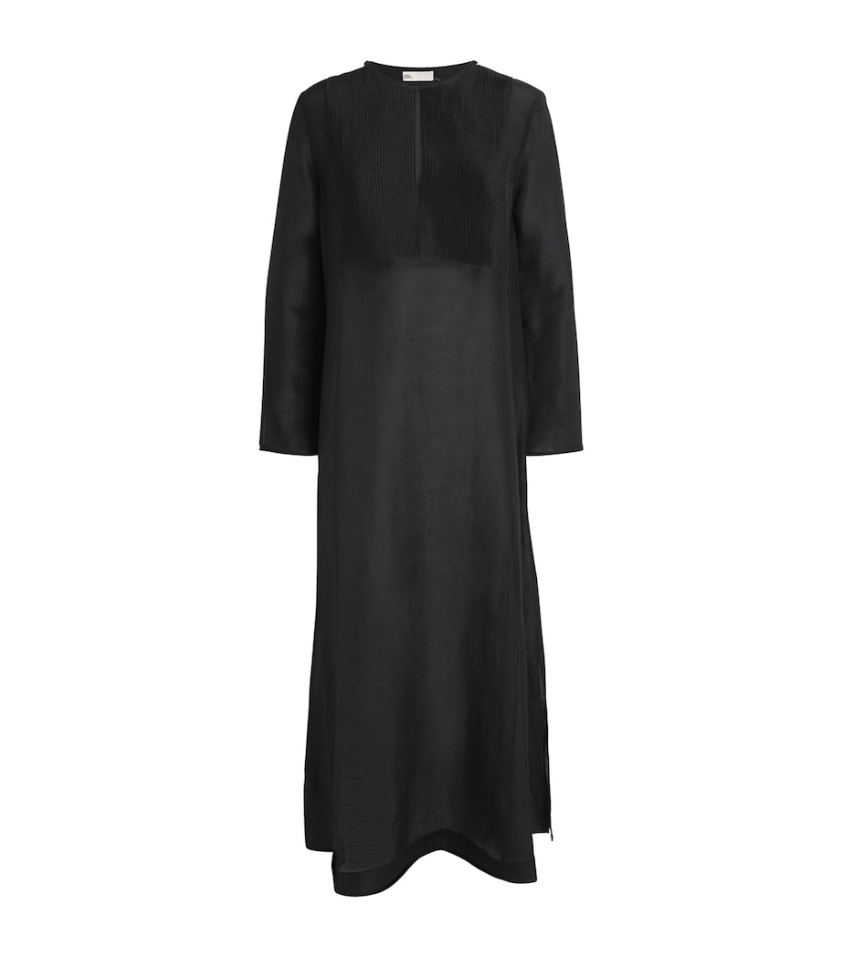 Linen-Silk Pleated Midi Kaftan 001 BLACK Image 1