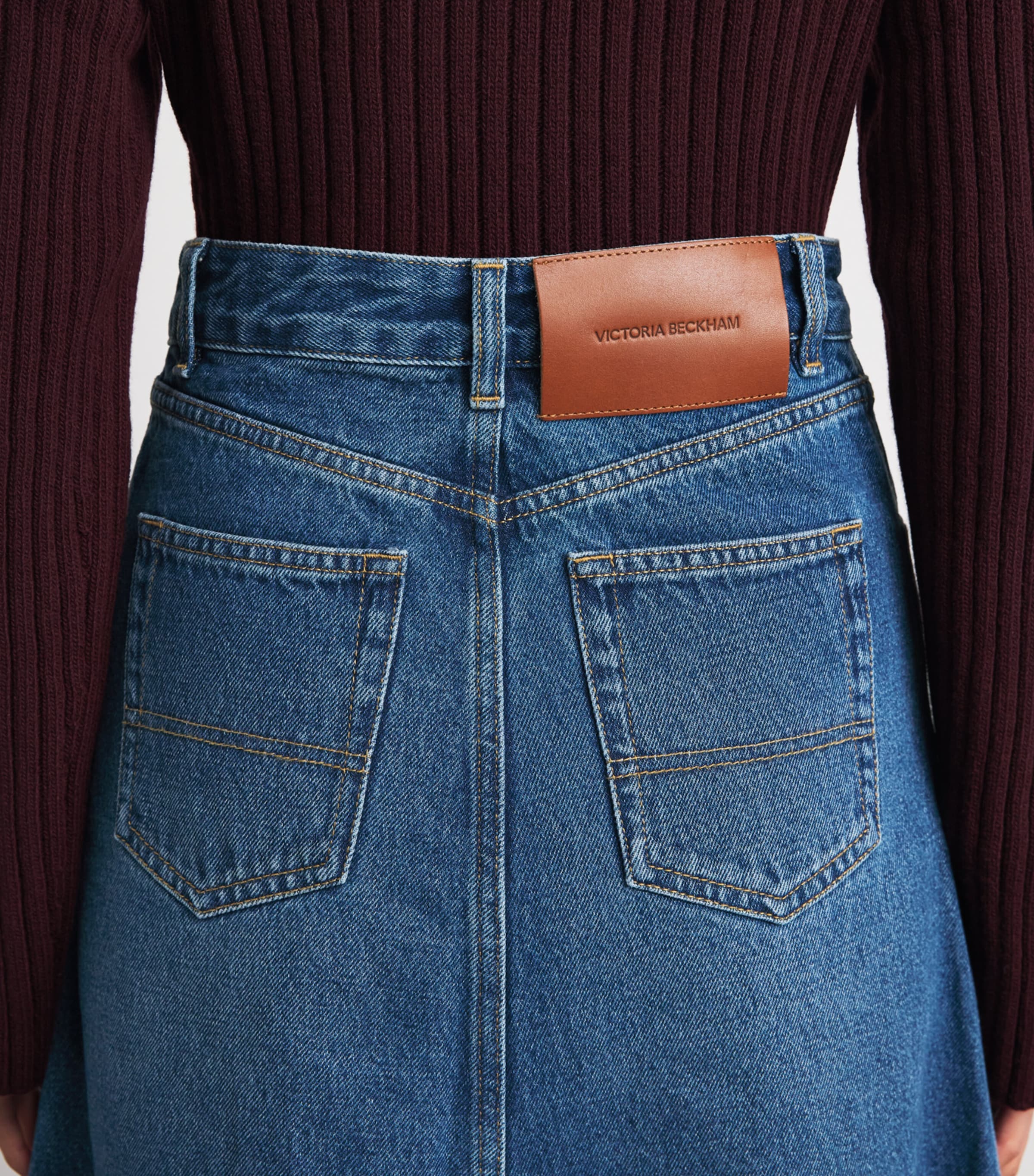 Victoria Beckham Womens Asymmetric Panelled Denim Midi Skirt Mid Blue Wash Image 3