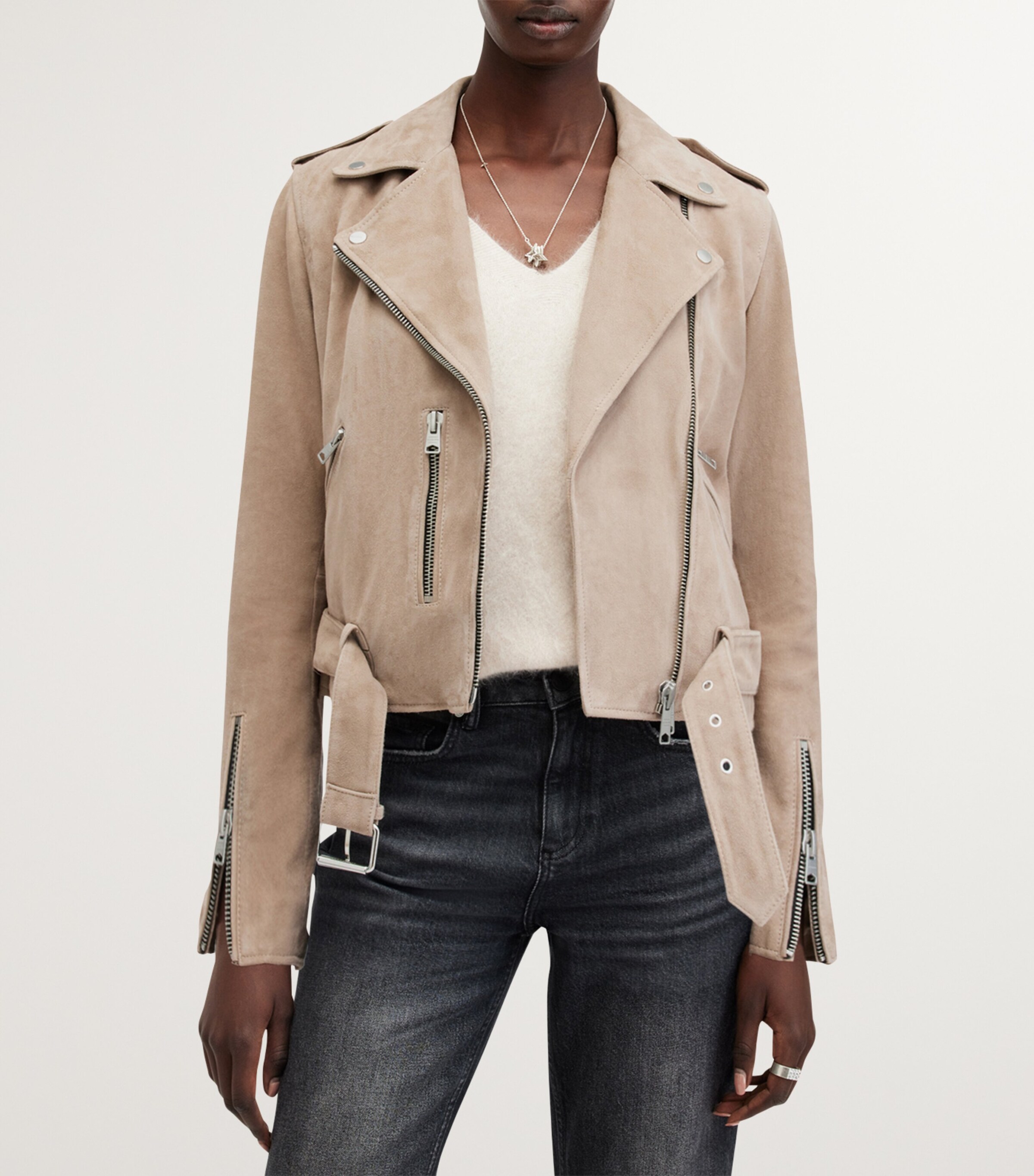 AllSaints Womens Suede Balfern Biker Jacket Warm Taupe Grey Image 4