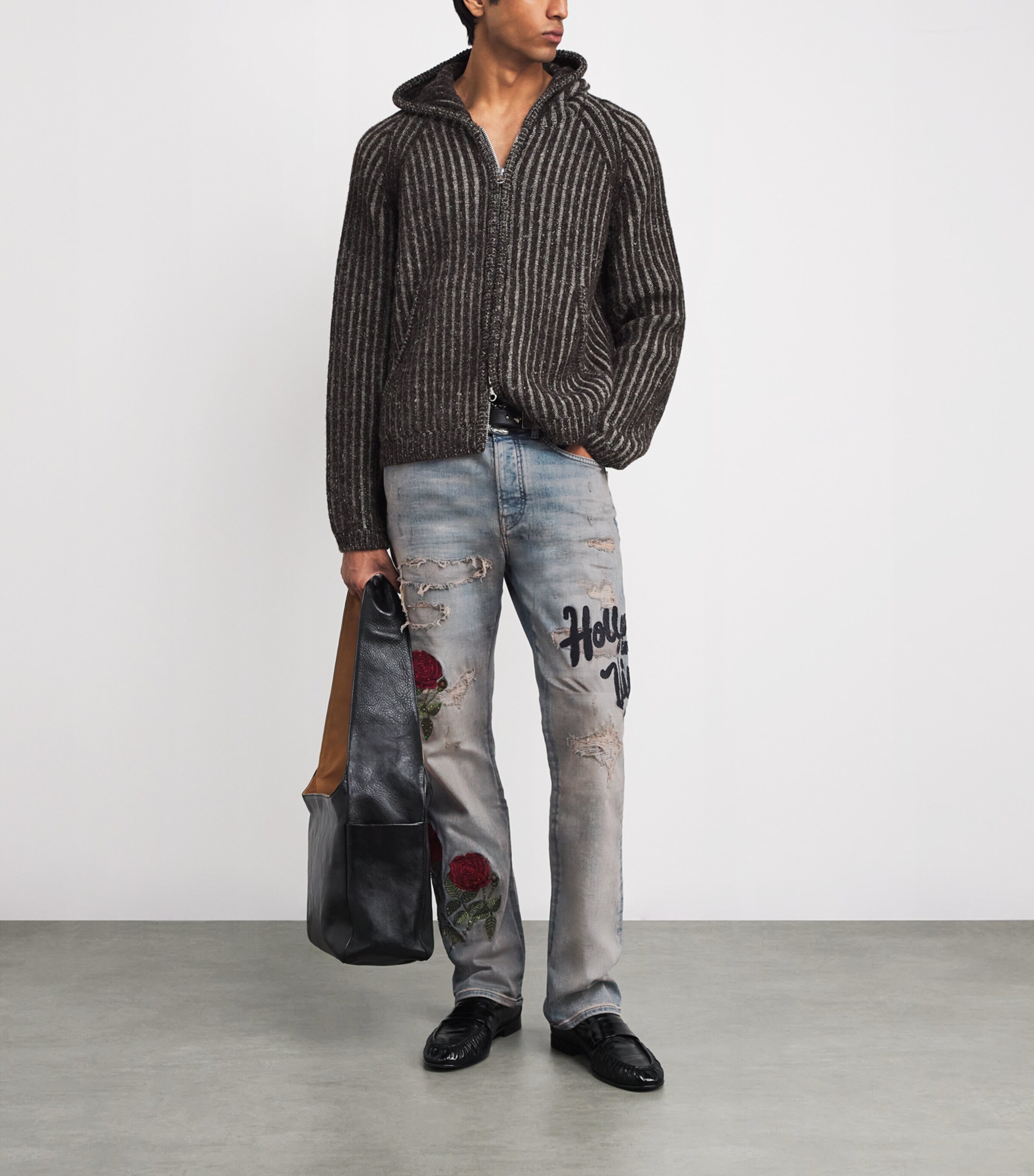 AMIRI Mens Floral Sequin Distressed Slim Jeans Antique Indigo Image 2