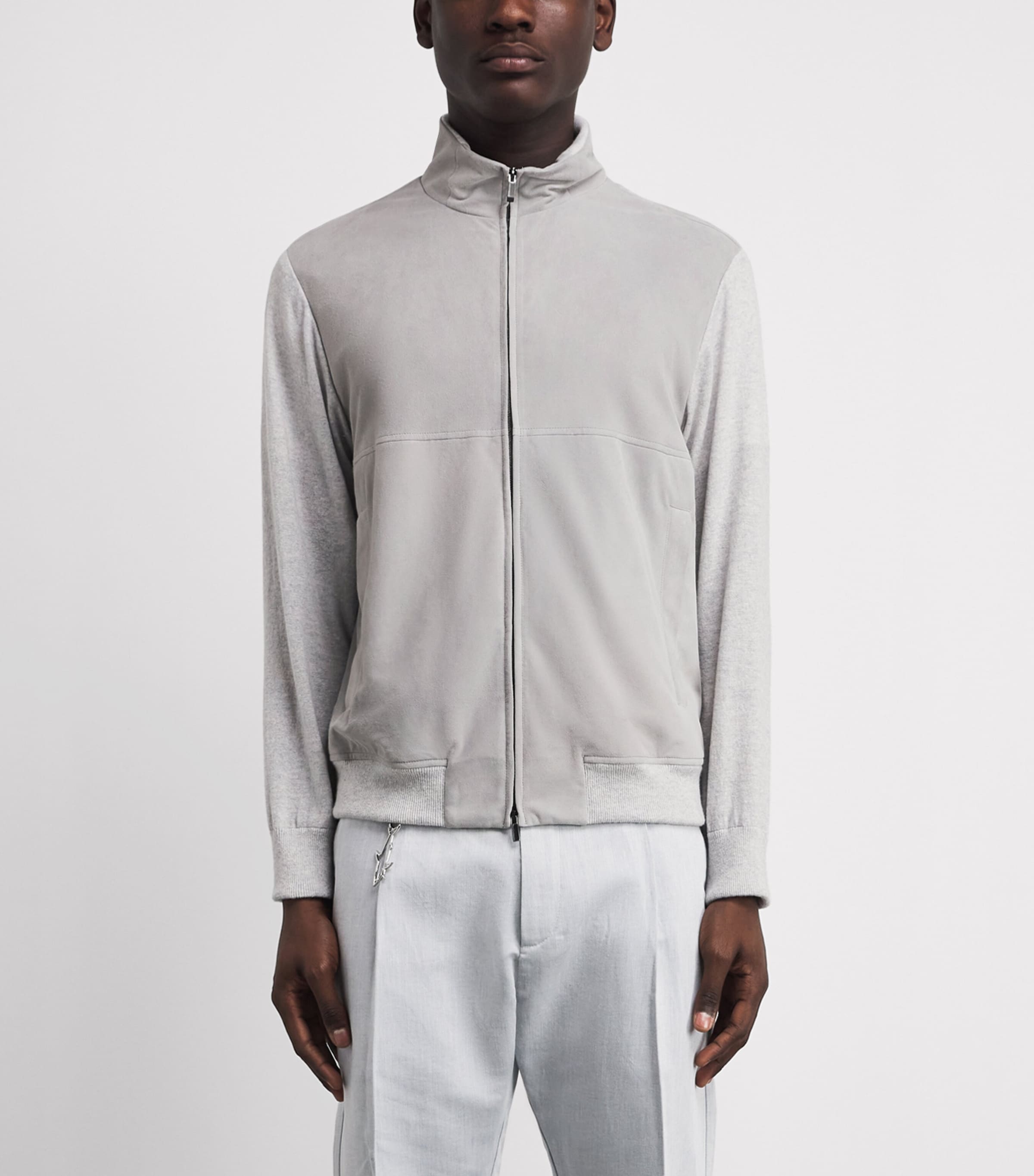 Paul & Shark Mens Aqua Suede Bomber Jacket Light Grey Image 4