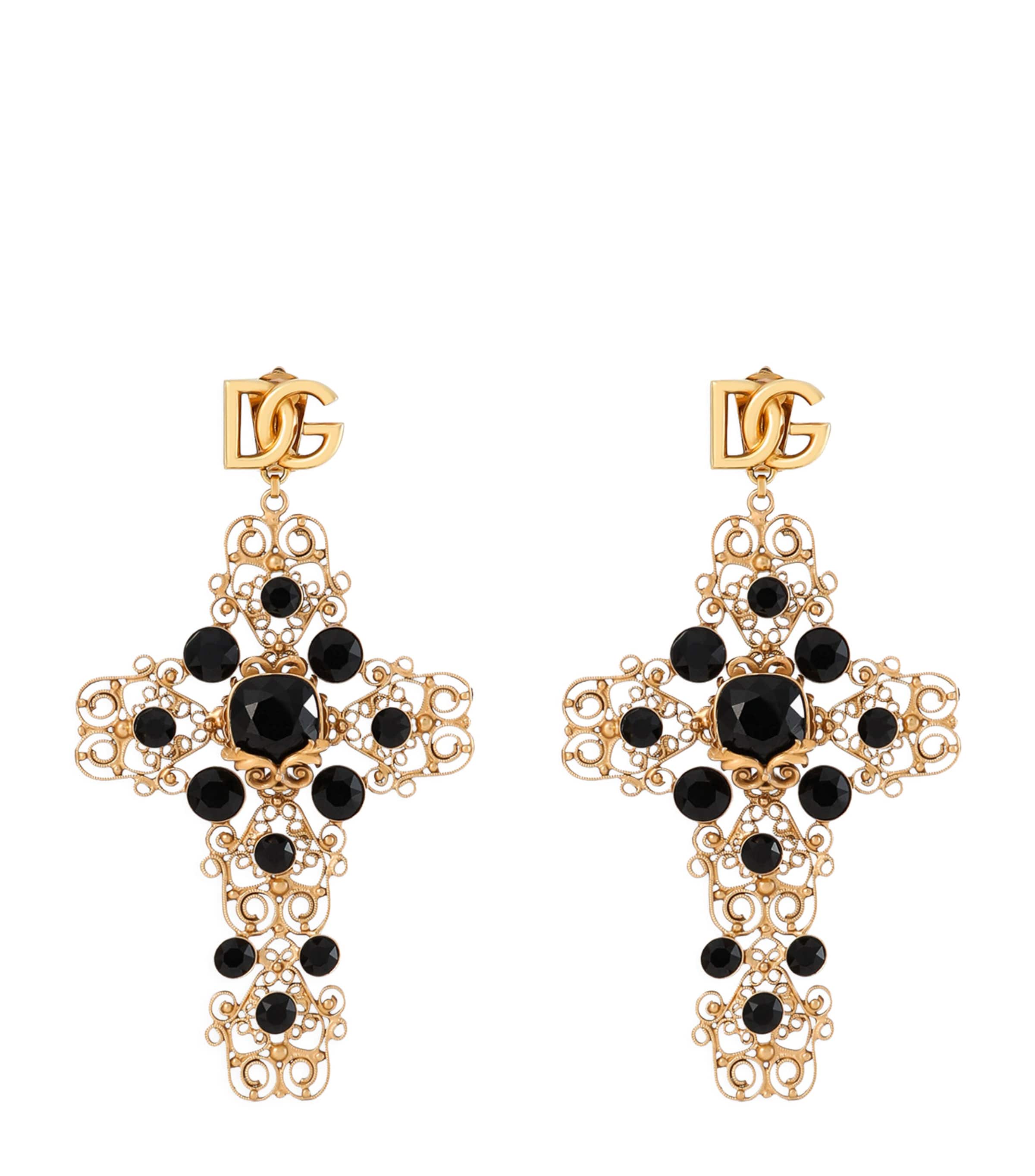 Dolce & Gabbana Drop Earrings With Filigree Cross And Dg Logo