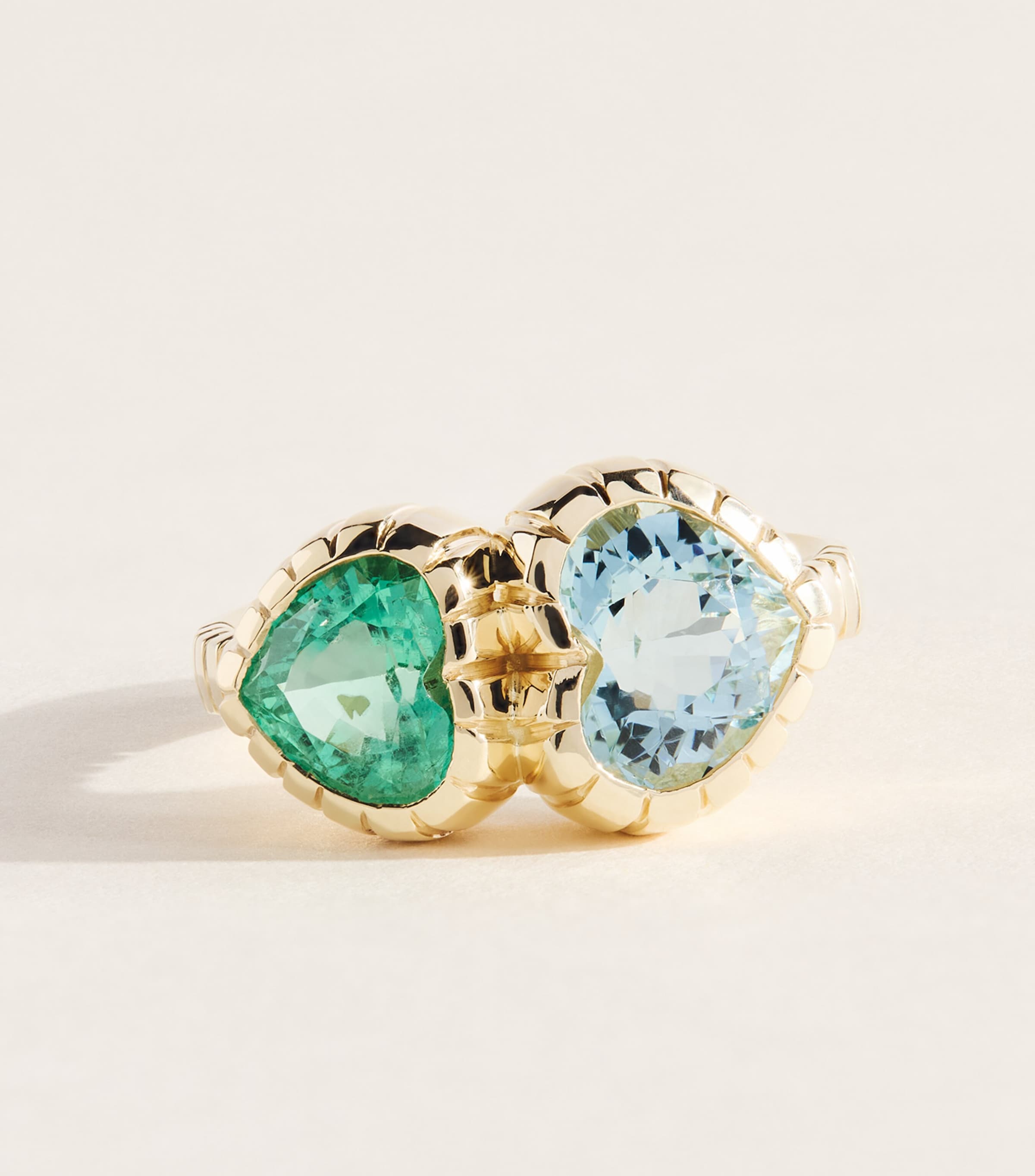 Retrouvaí Yellow Gold, Emerald and Aquamarine Heart Heirloom Ring Yellow Gold