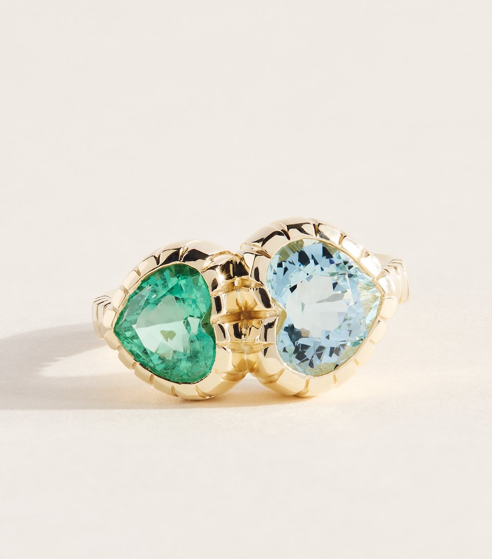 Retrouvaí Yellow Gold, Emerald and Aquamarine Heart Heirloom Ring Yellow Gold