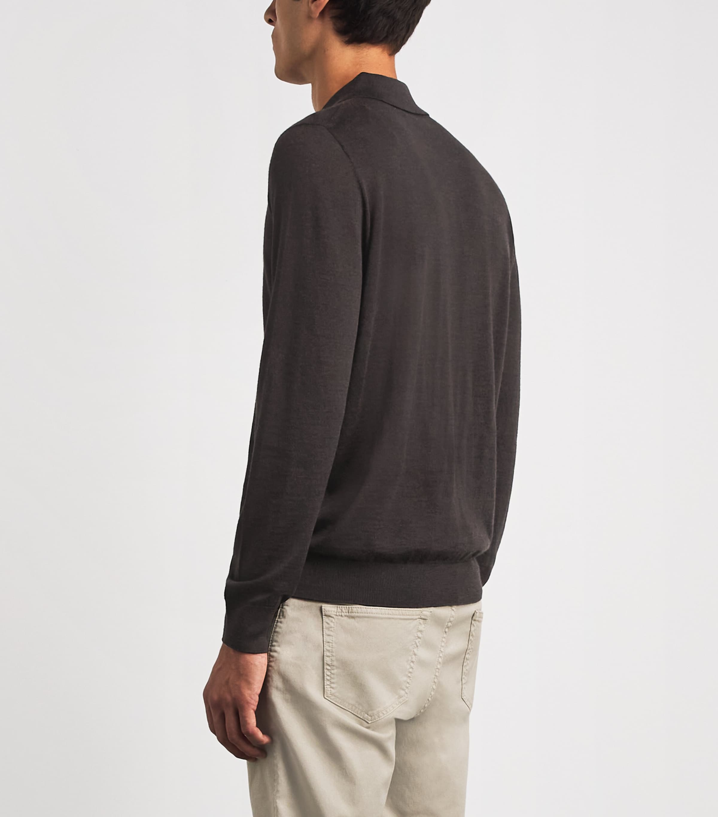 Purdey Mens Merino Wool Long-Sleeve Polo Shirt Chocolate Image 5