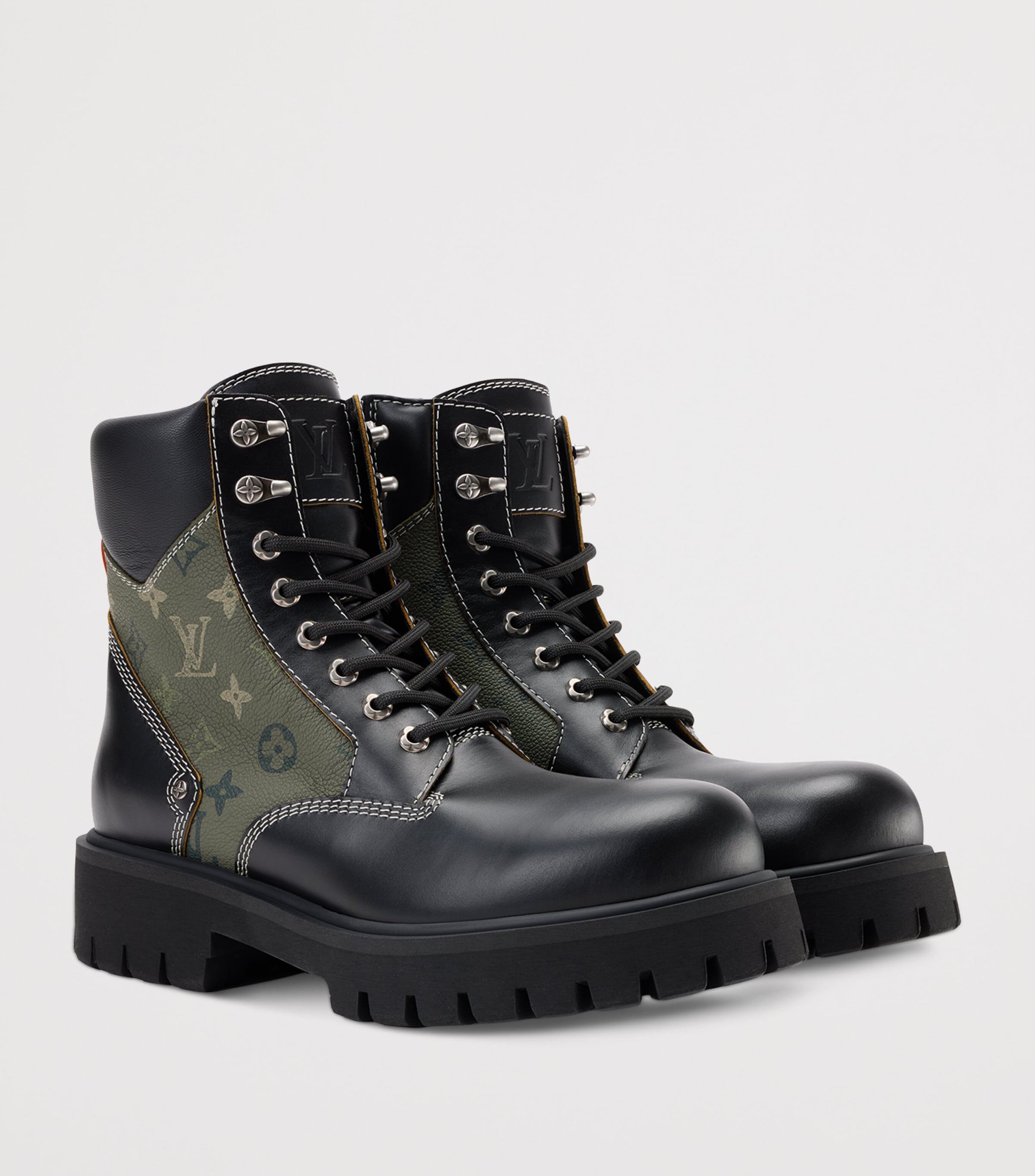 Leather Remix Combat Boots KHAKI GREEN Image 3
