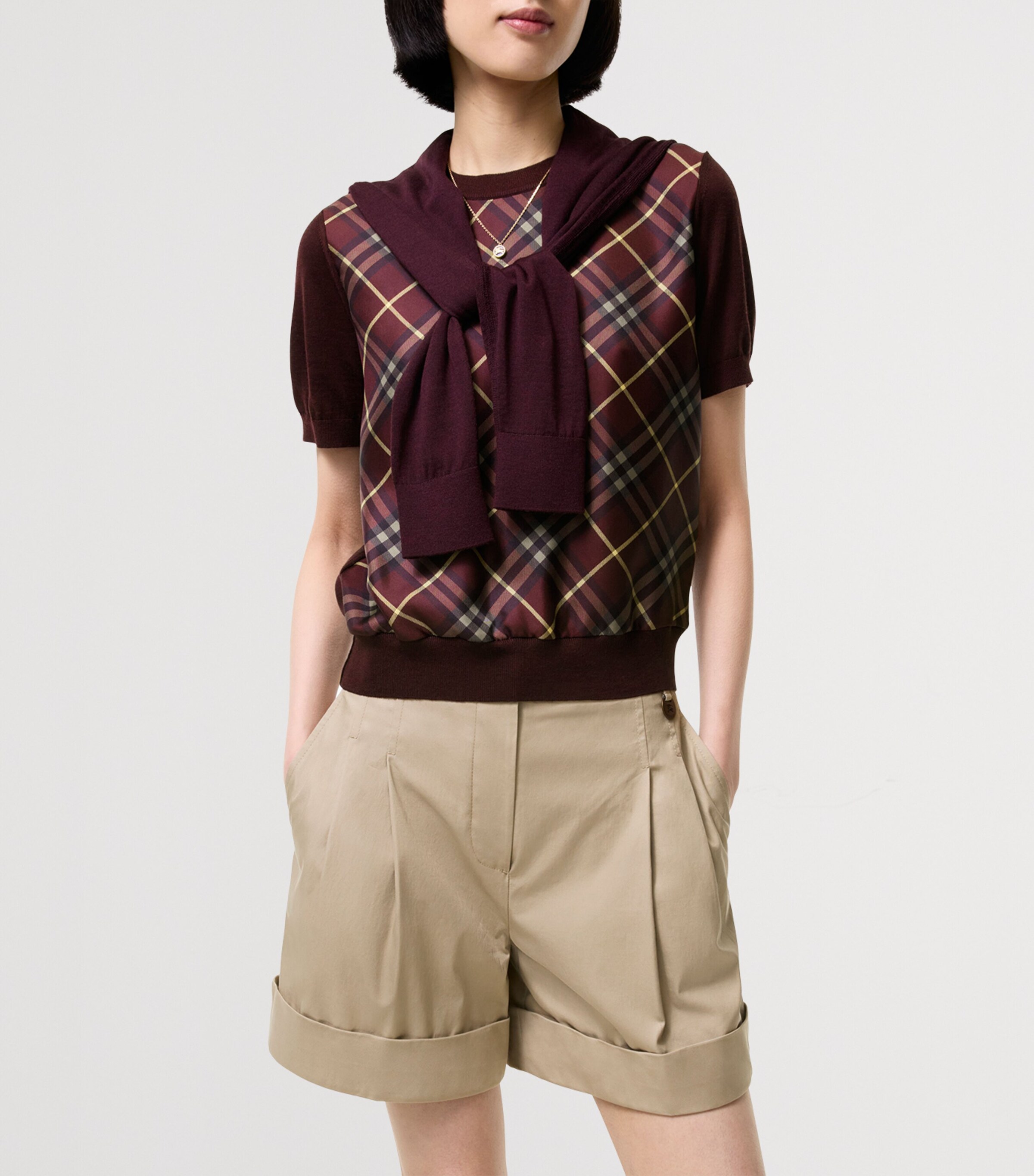 Burberry Womens Wool-Silk Check Panel T-Shirt Vineyard Red Image 2