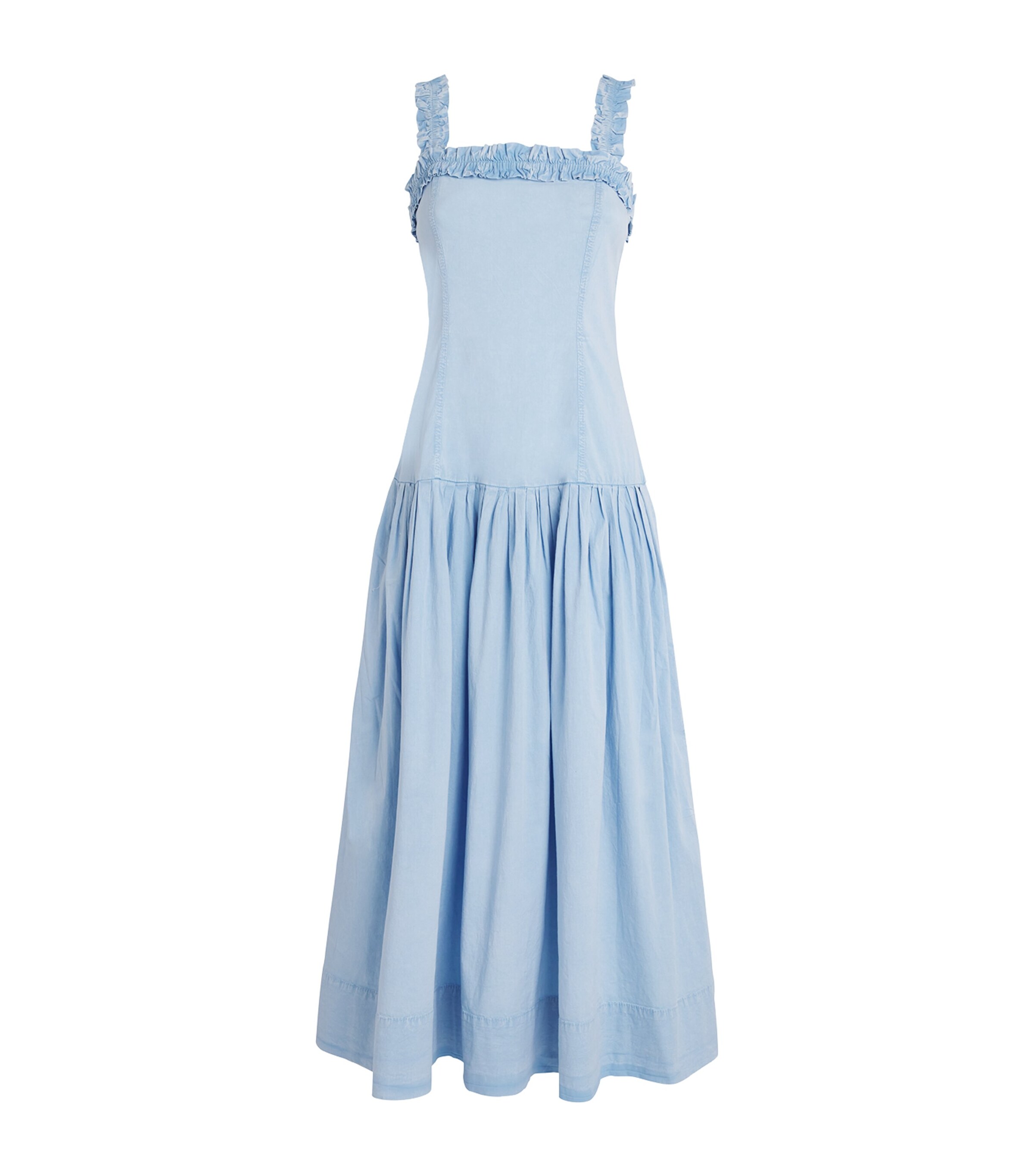 Ganni Washed Stretch Cotton Strap Corset Long Dress Soft Chambray