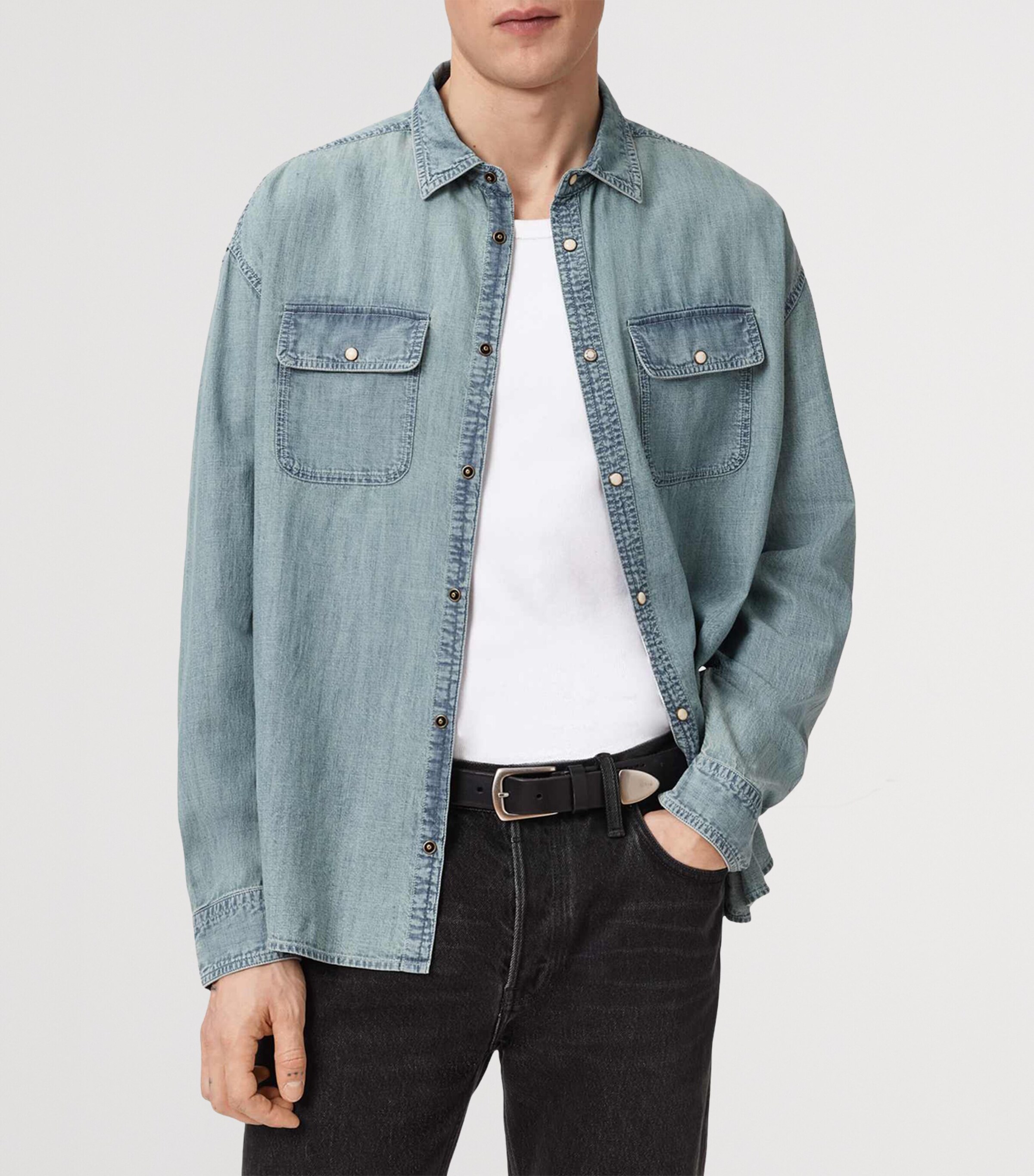 AllSaints Mens Oversized Gribbs Shirt Faded Indigo Image 3