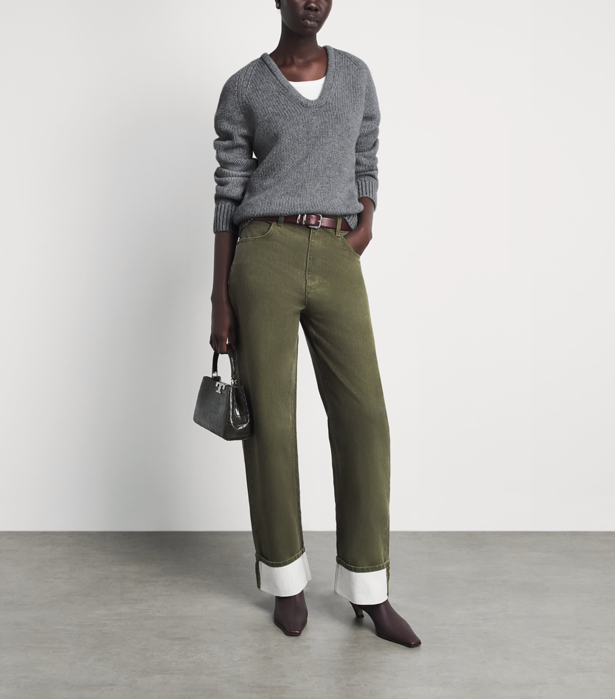 Tory Burch Womens Wool U-Neck Sweater Cloudy Gray Melange Image 2